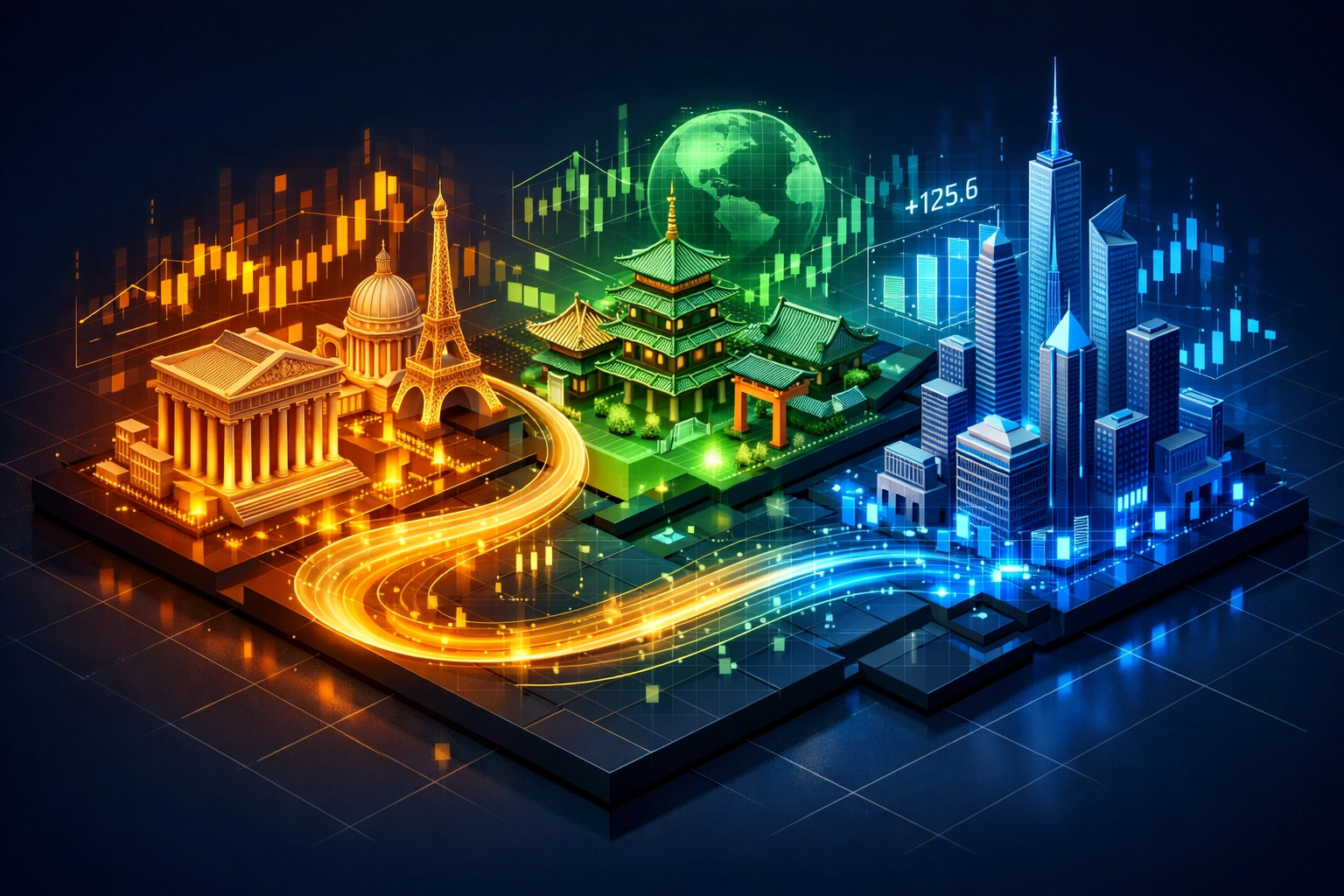 Global markets visualization showing geographic diversification across Europe, Asia, and Americas