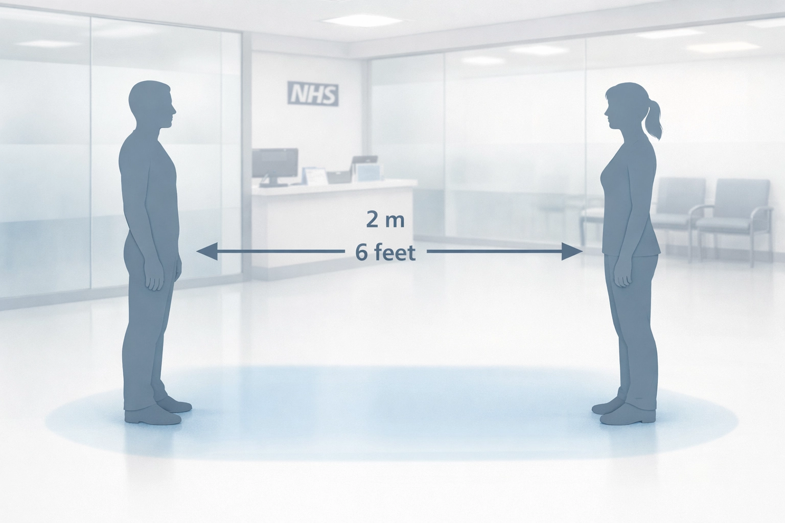 Medical illustration of the six-foot rule for cystic fibrosis patients to prevent cross-infection in a clinic.
