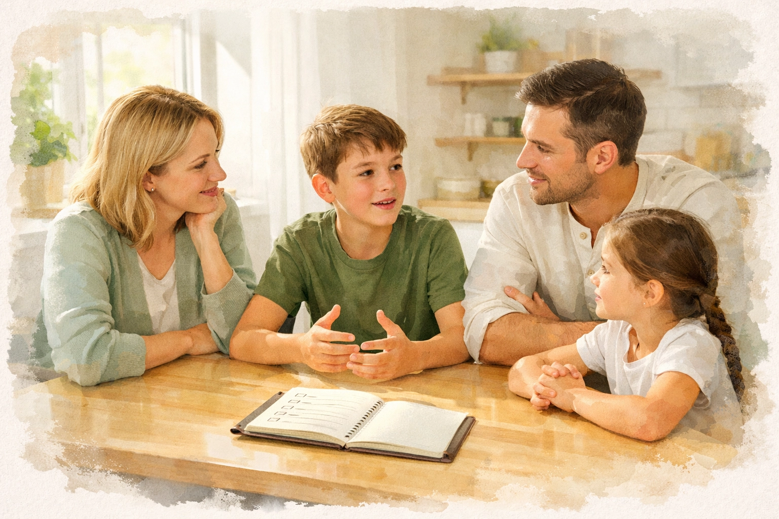 Parents and children discussing family movie guidelines at kitchen table