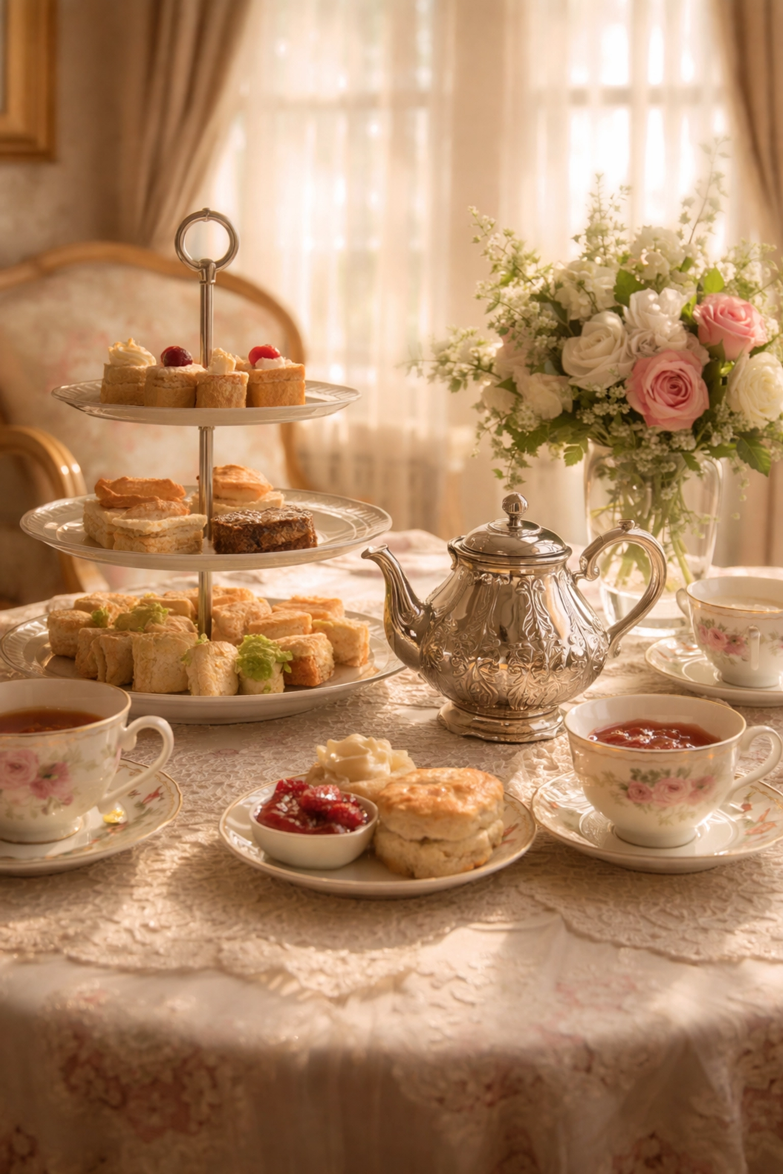 Victorian drawing room afternoon tea with tiered stand and floral china, evoking classic British tradition