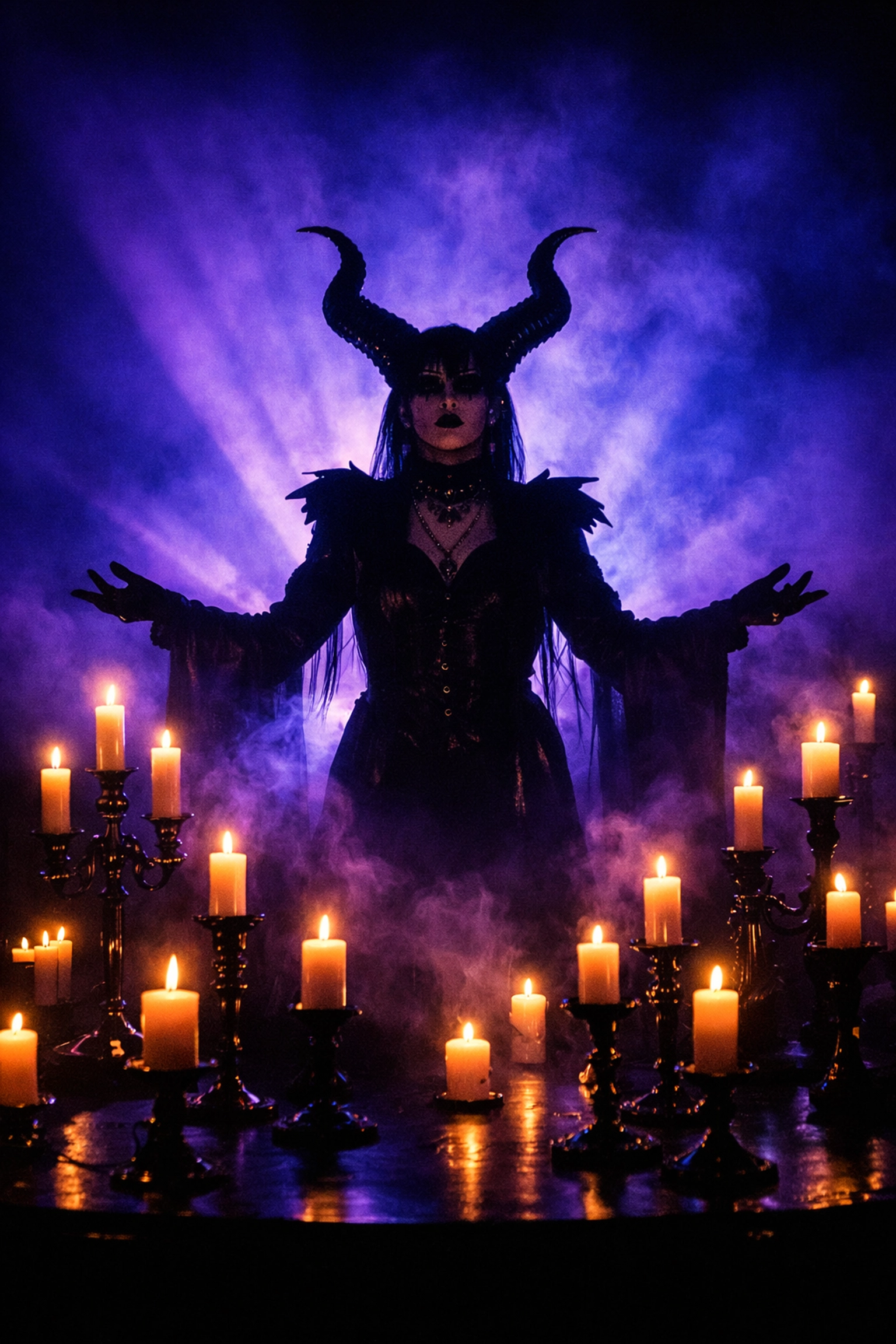 Non-binary performer in theatrical Eurovision staging with gothic horns and mystical candles