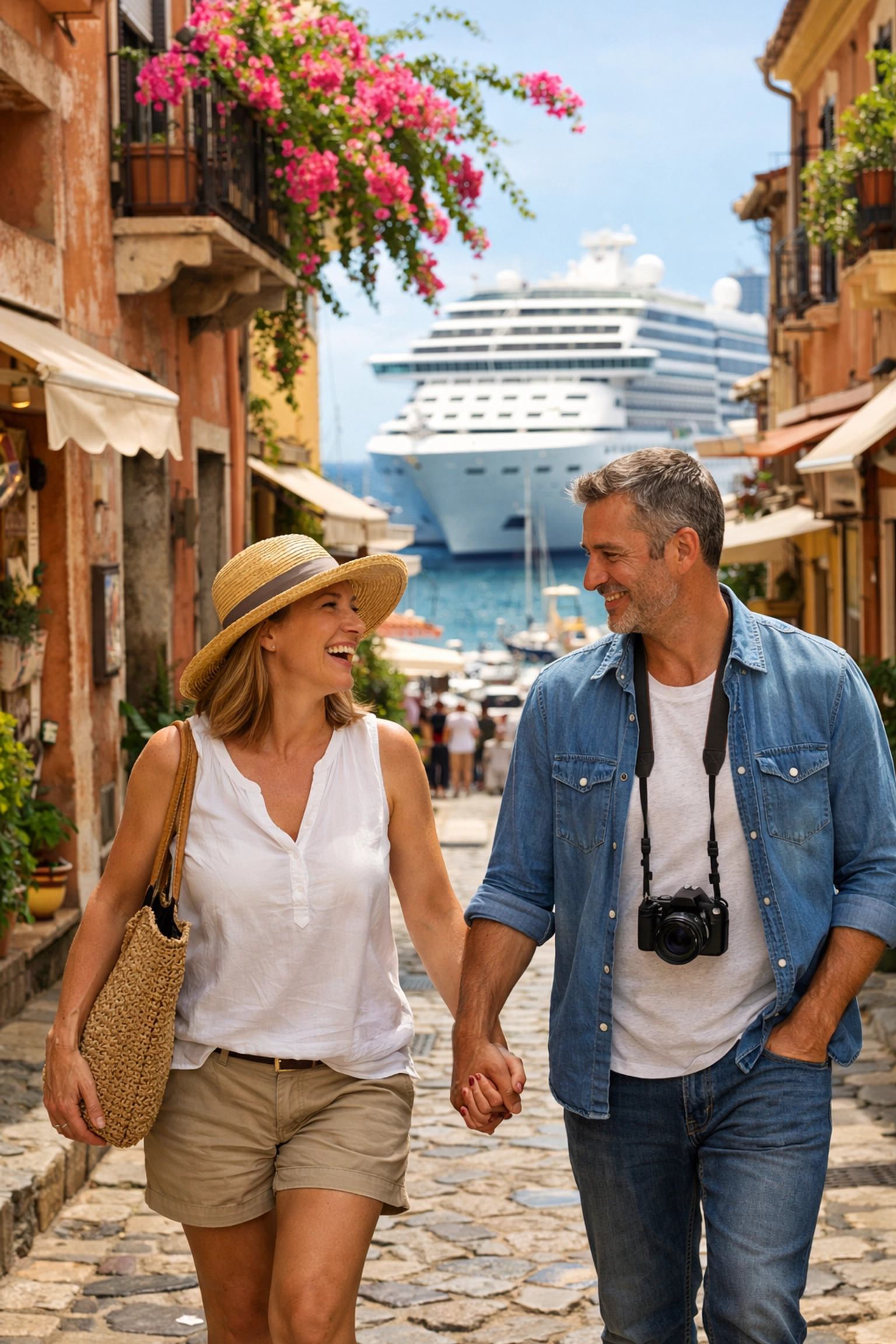 Couple exploring a charming Mediterranean port town during a cruise shore excursion