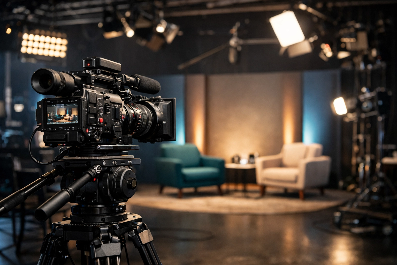 A professional media studio set with a cinema camera used for producing distinctive signature journalism.