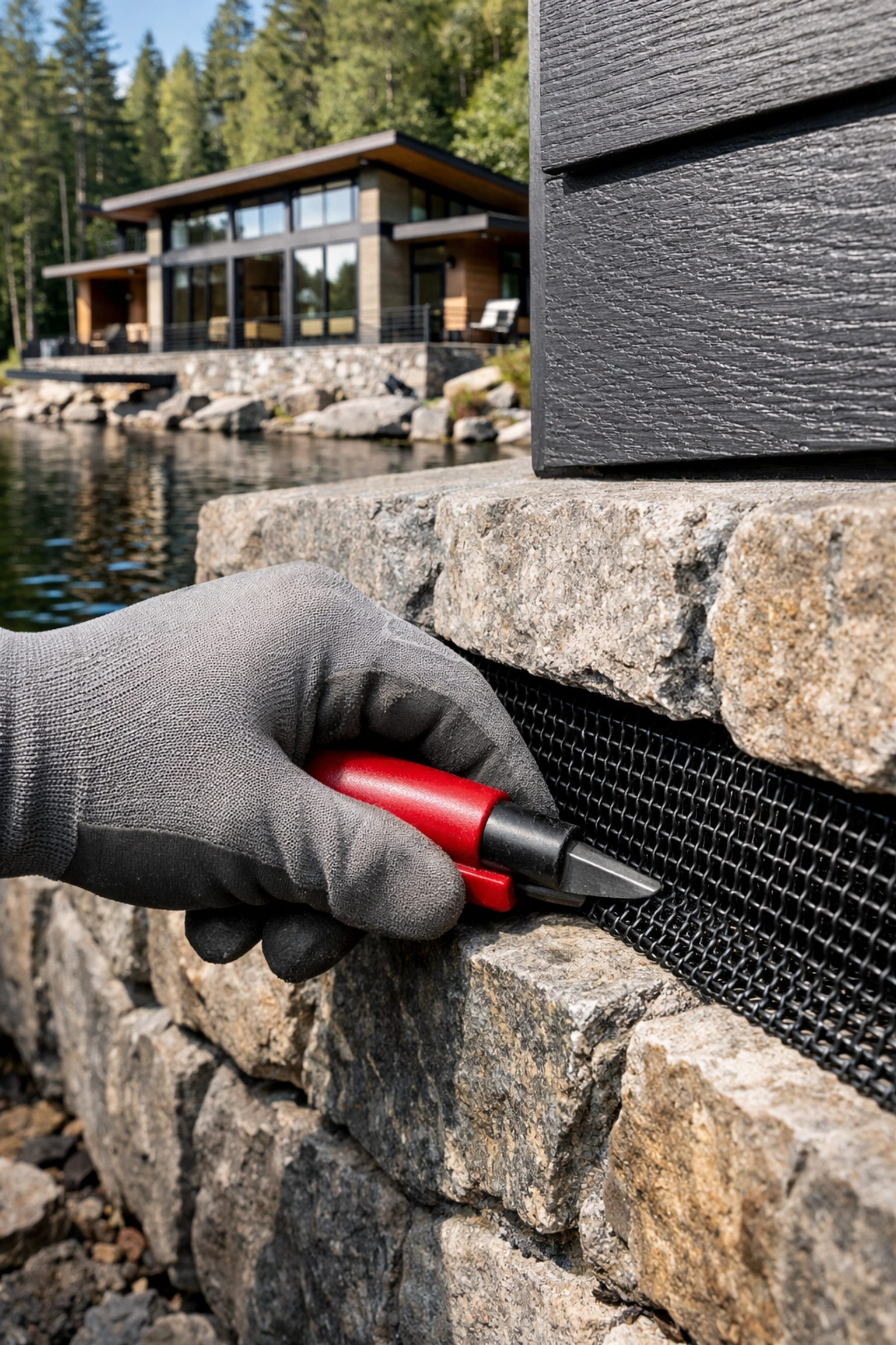 Professional technician installing steel exclusion mesh on a cottage foundation to prevent pest entry.