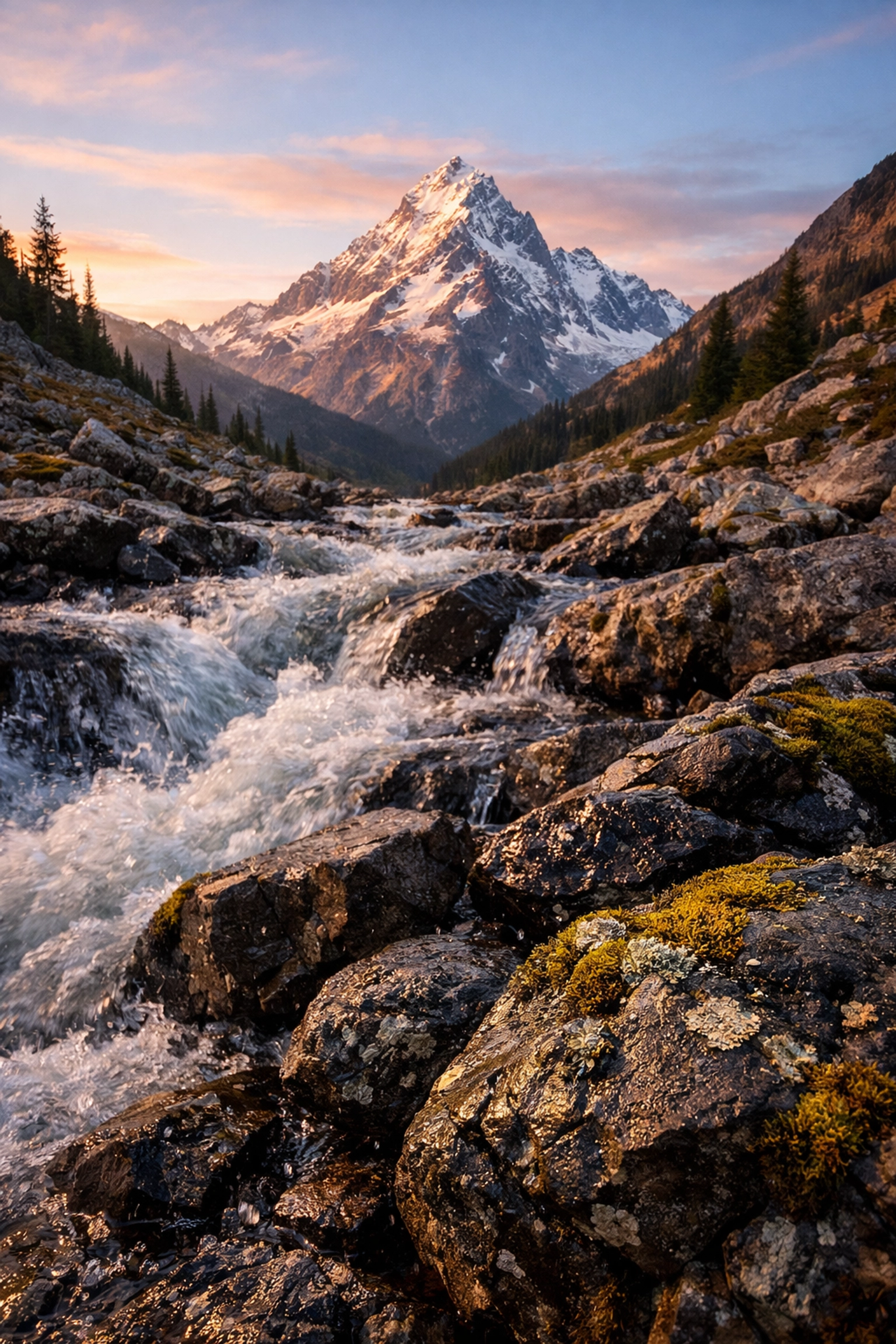 Sharp landscape photography of a mountain stream showing perfect depth of field from rocks to distant peaks.