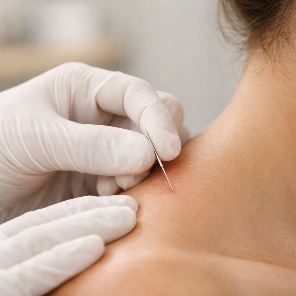 Practitioner performing dry needling on trapezius muscle trigger point for pain relief