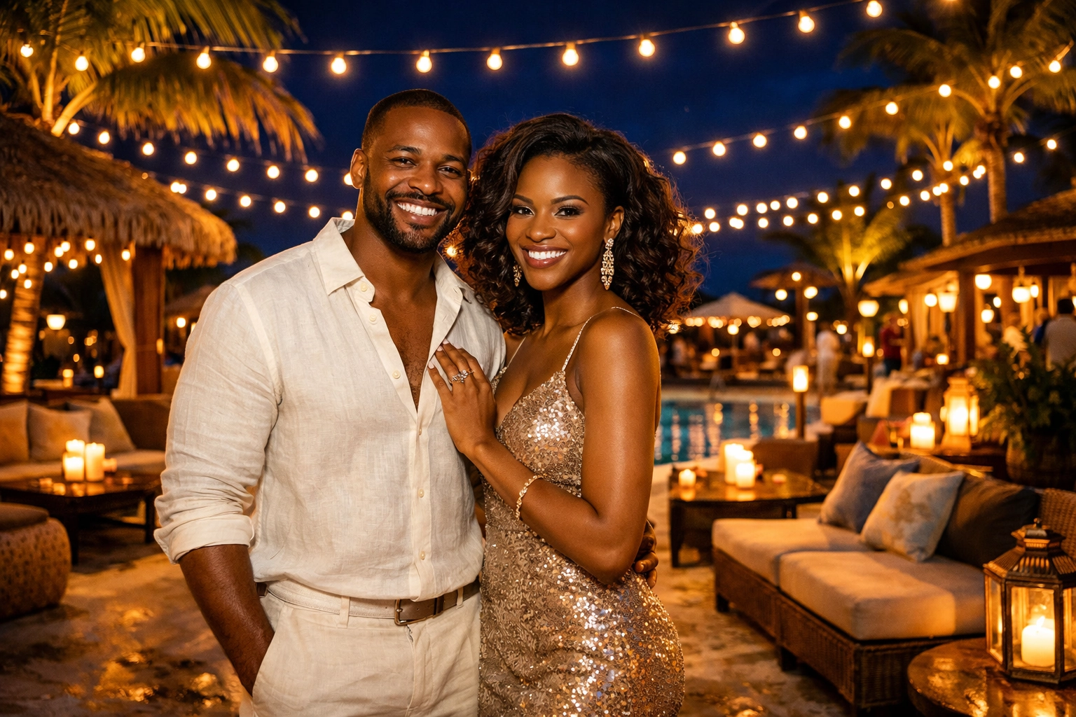 Elegant couple at a resort theme night, planned by a professional Lifestyle Cruises travel agent.