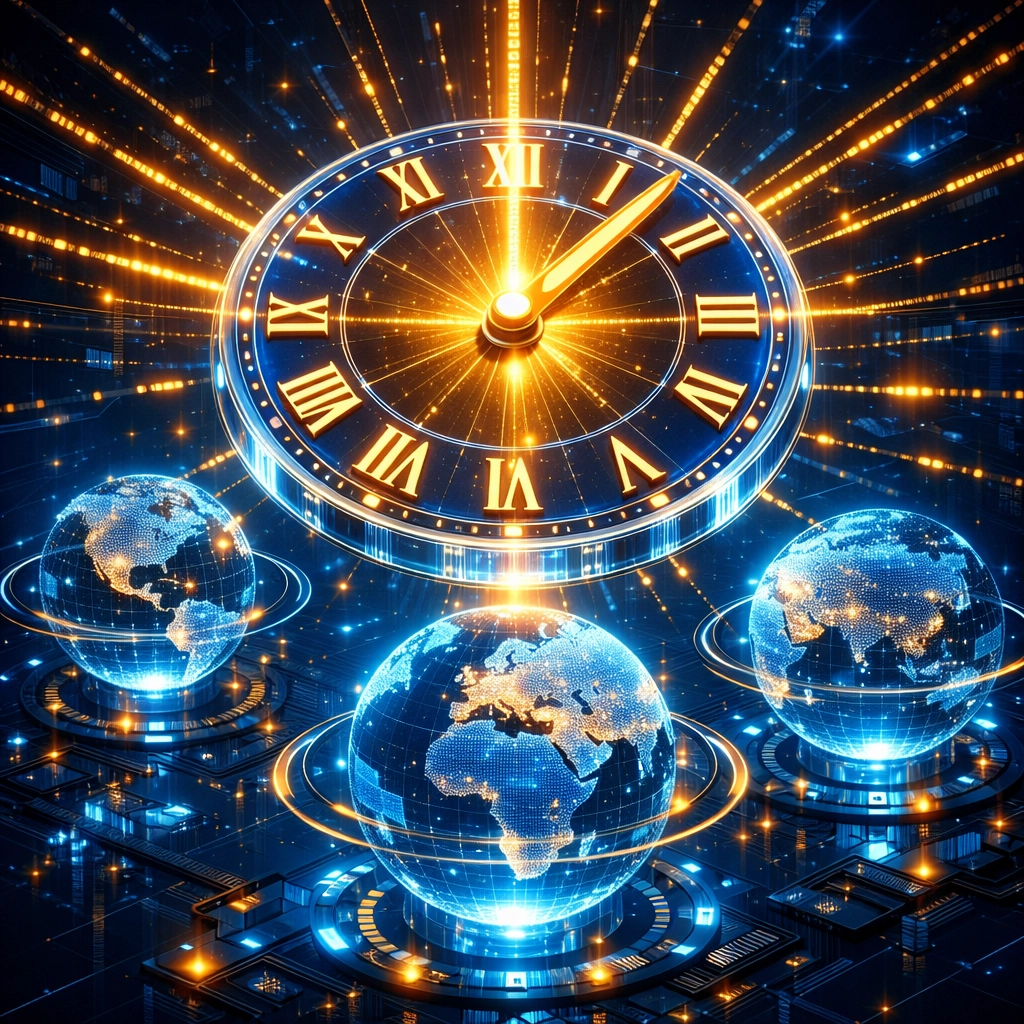 Global digital clock face connecting world continents for UTC time zone coordination.