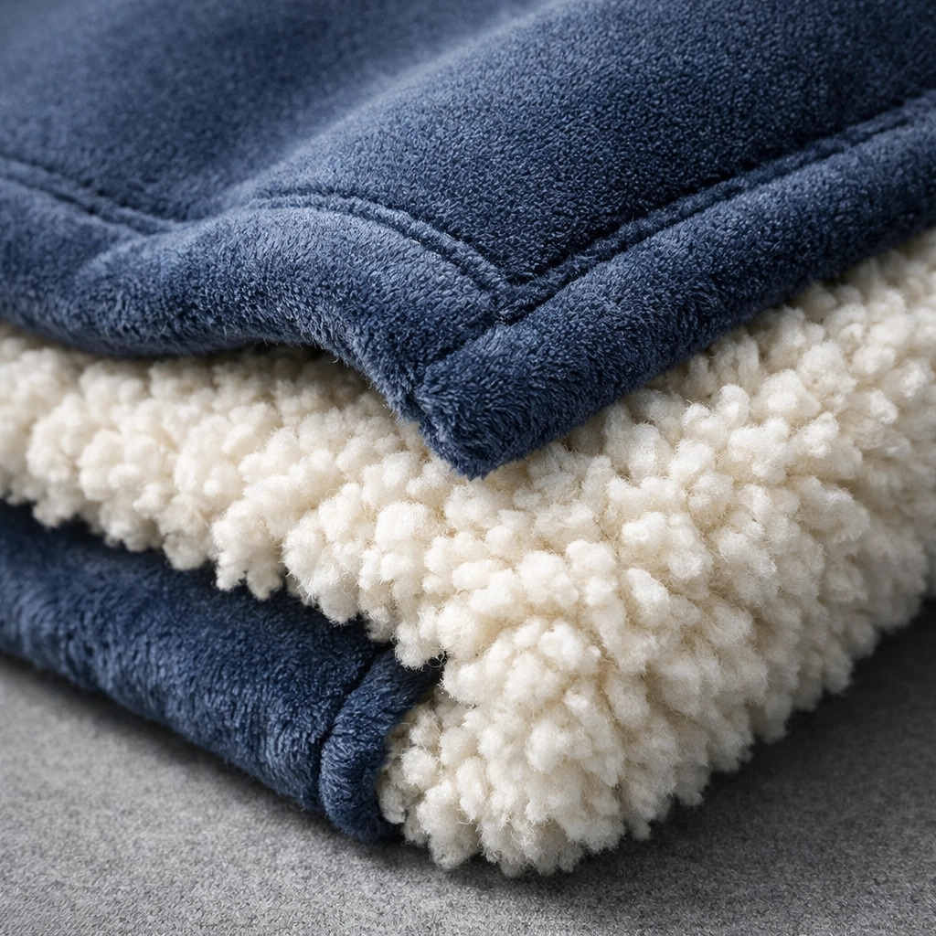 Close-up of the dual-layer construction of a premium heavyweight sherpa blanket with plush interior.