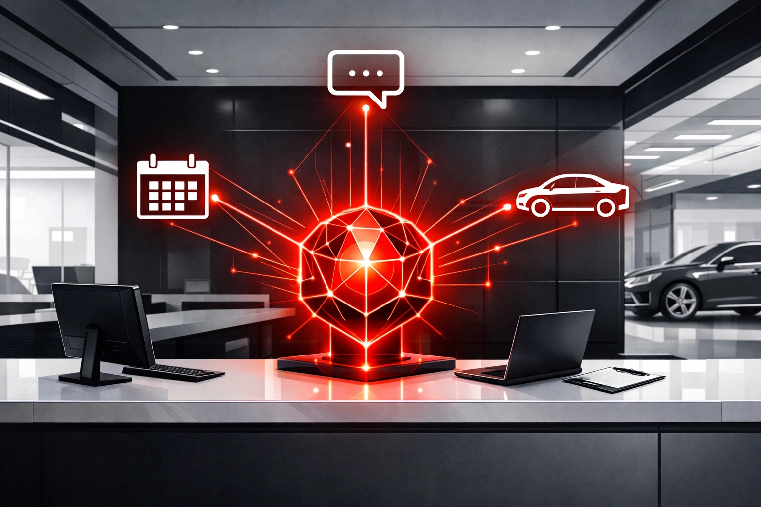 A futuristic dealership service desk using AI automation to manage customer inquiries and lead generation.