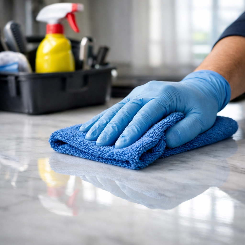 Professional cleaner polishing marble surfaces during a Weekly House Cleaning Carlisle session.