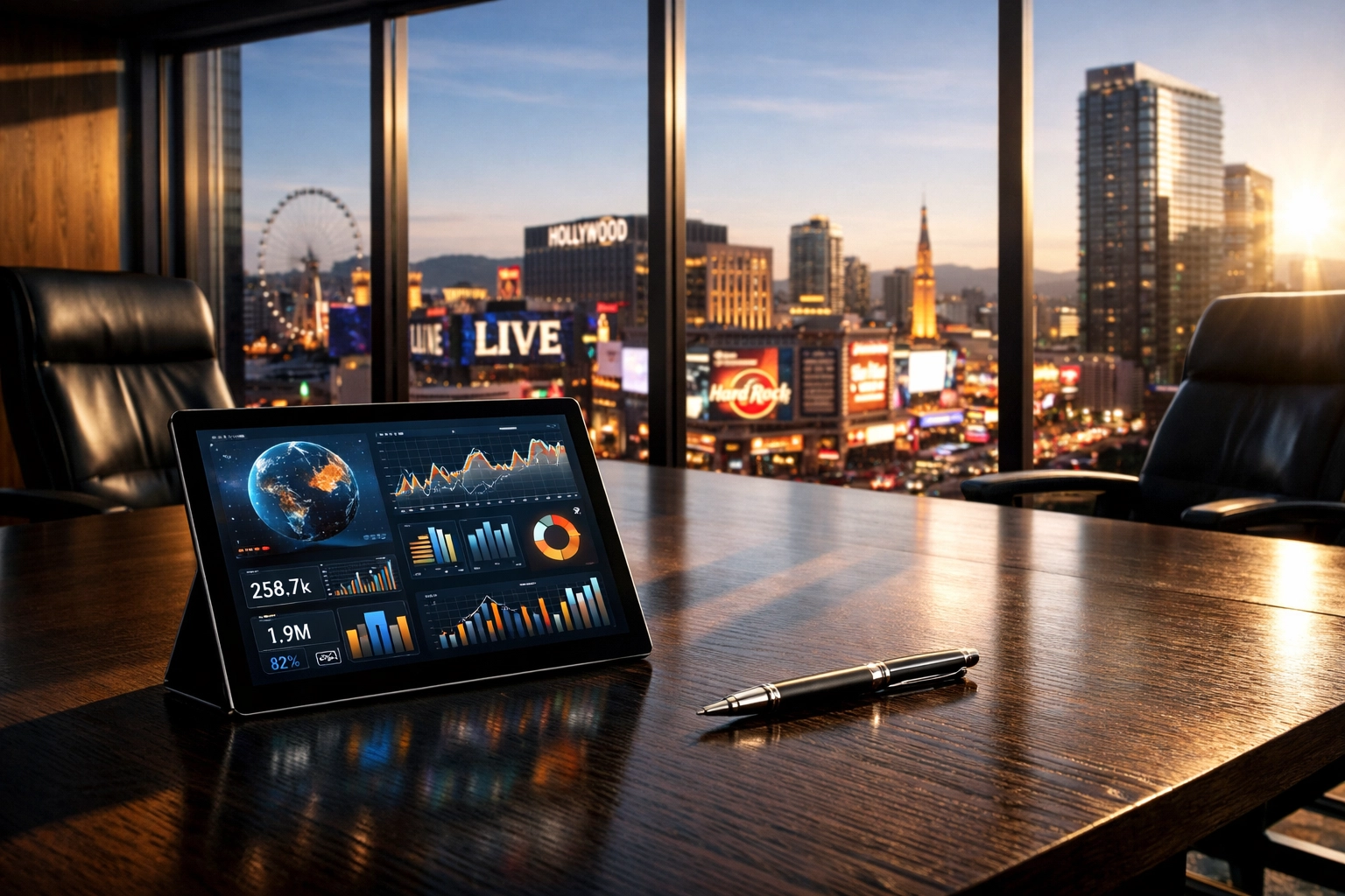 Executive boardroom with a data dashboard showing strategic OOH marketing analytics for Super Bowl campaigns.