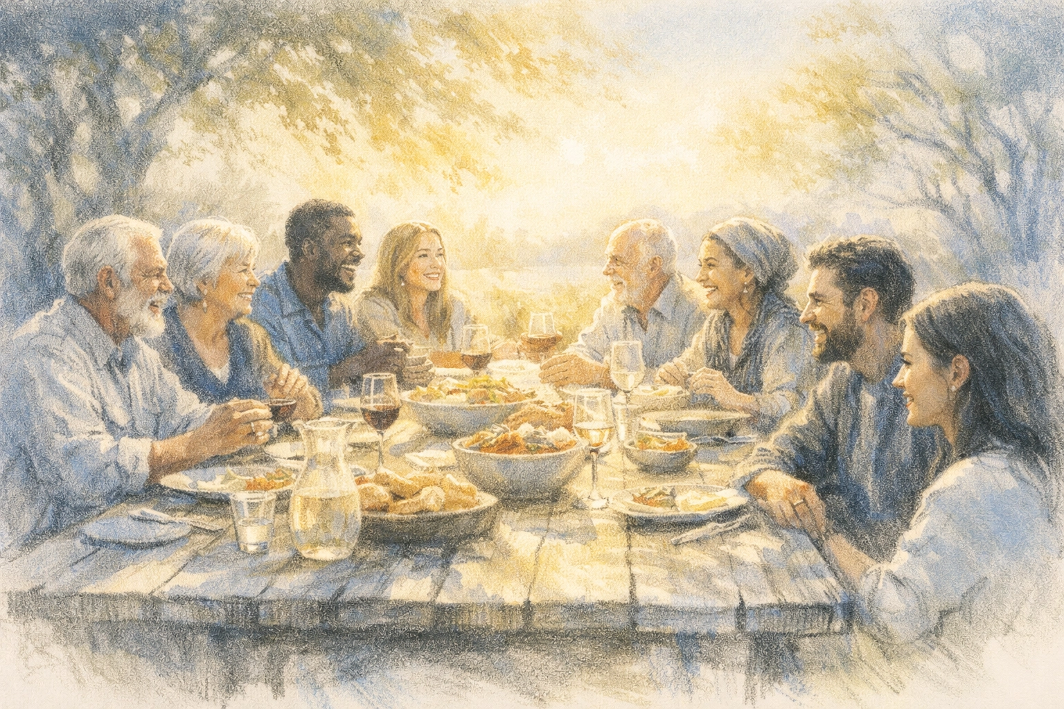 Diverse community members gathering for a meal and hospitality at First Assembly Memphis.