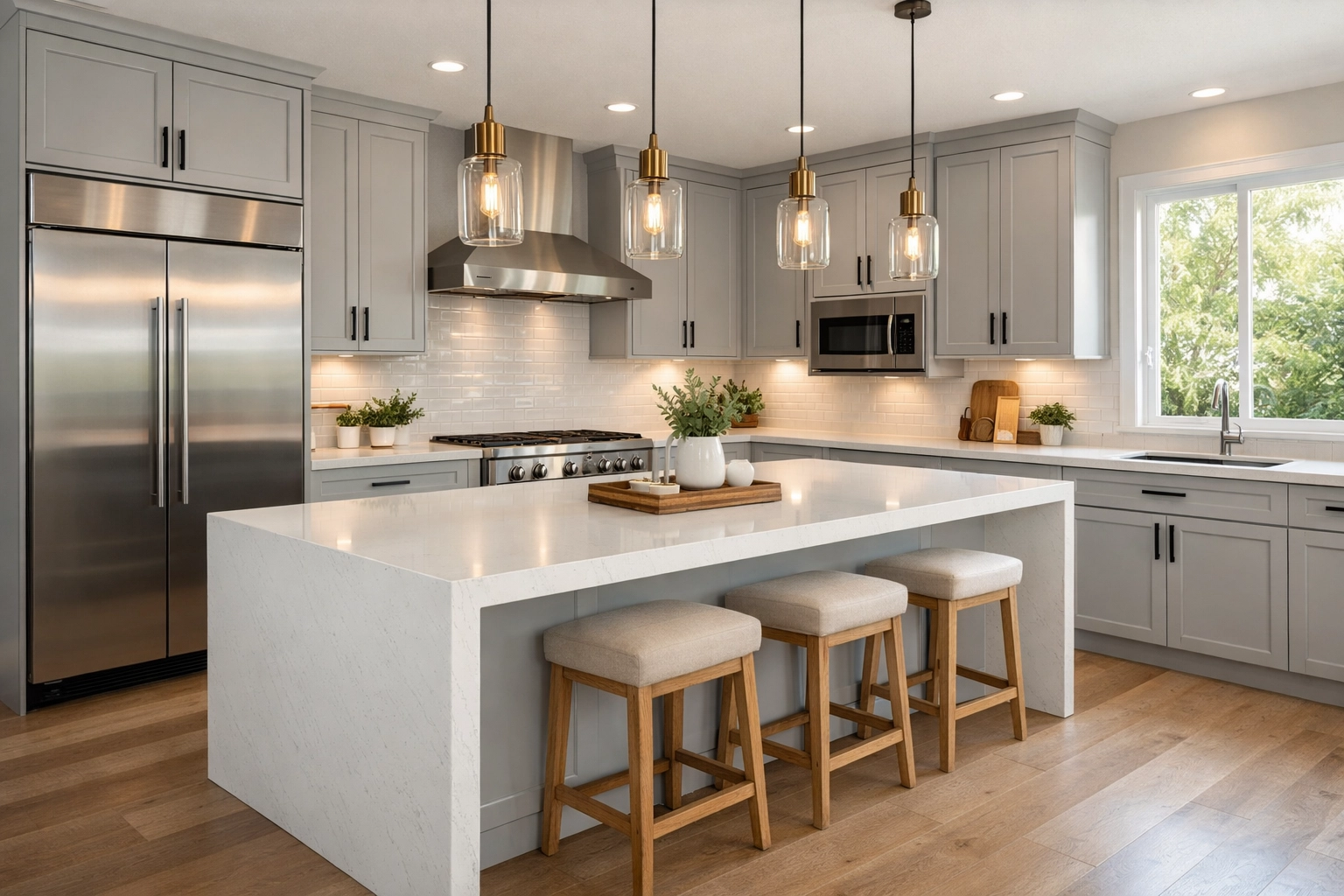 Modern kitchen remodel in Orlando featuring a white quartz waterfall island and custom cabinets.