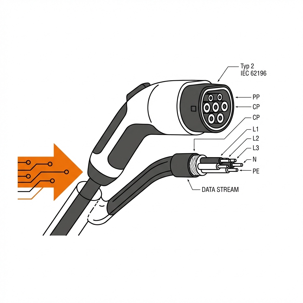 Illustration eines Typ 2 E-Auto Ladesteckers für geförderte Wallbox Installationen.