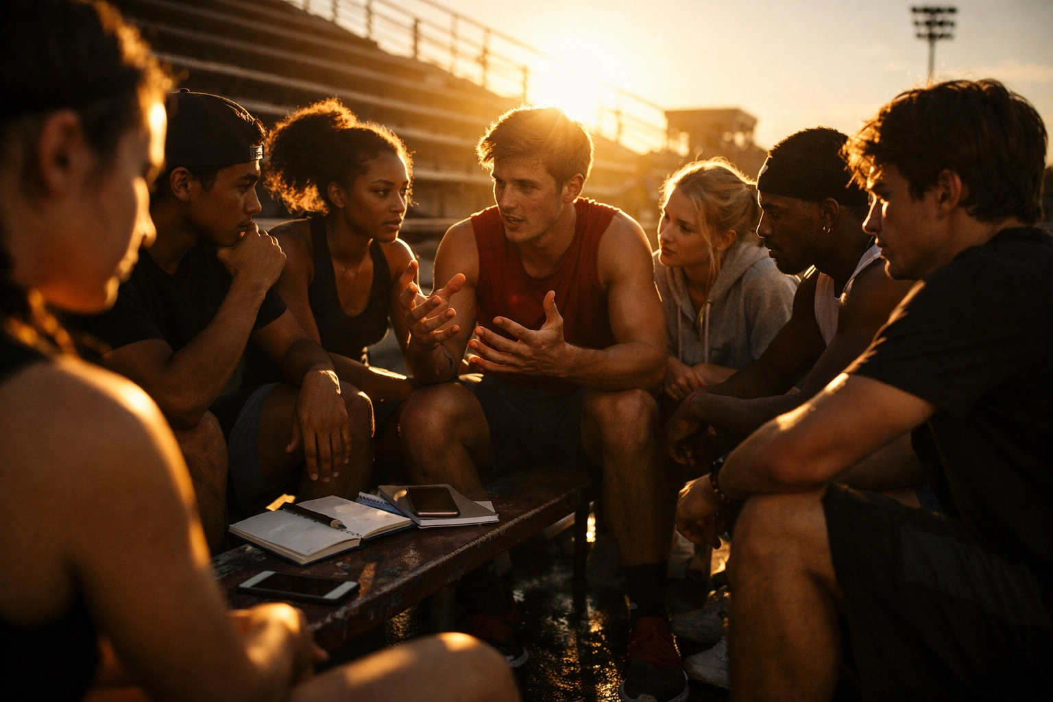 Young athletes in team circle discussing personal branding and character development on stadium bleachers