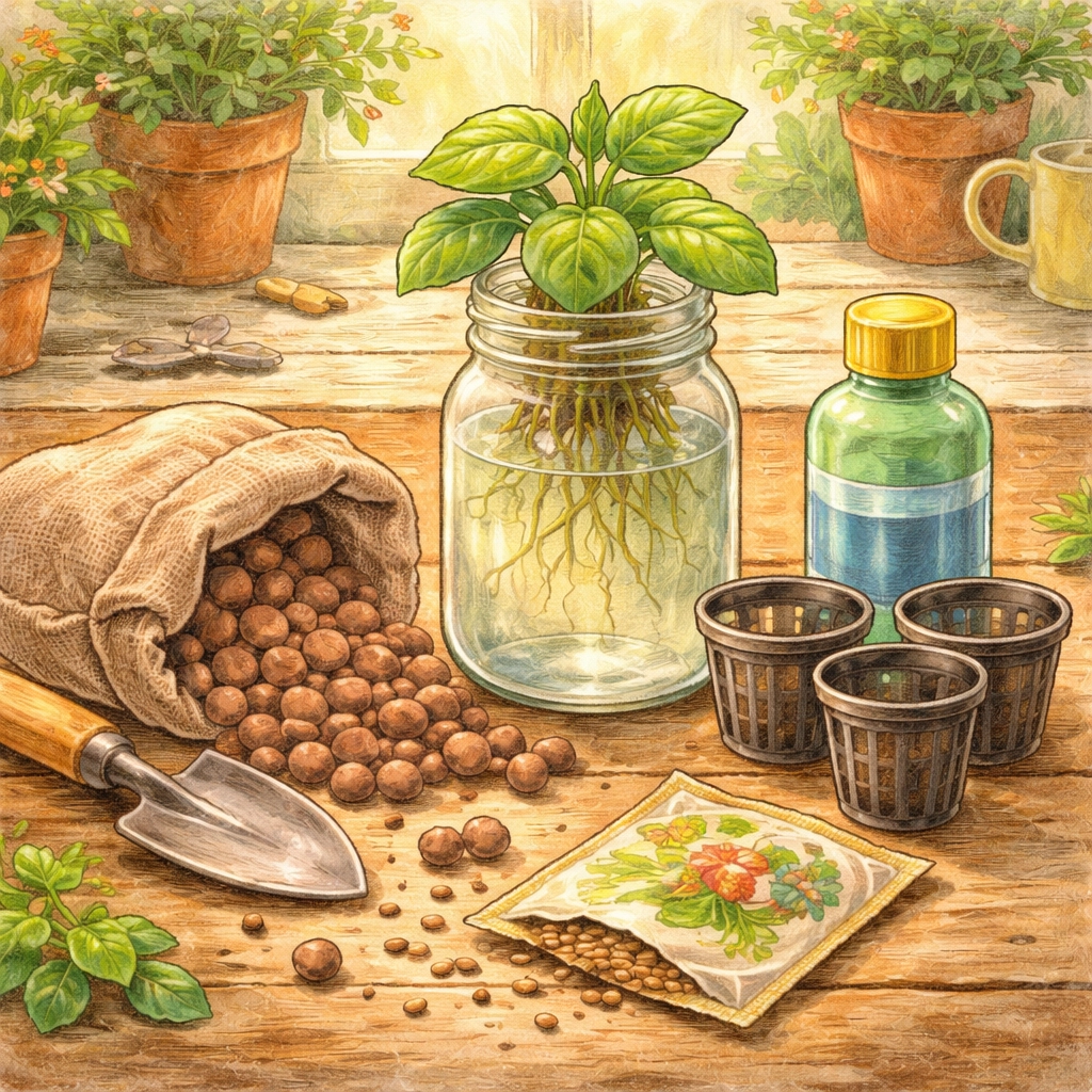 Budget-friendly Kratky Method supplies including a recycled jar, clay pebbles, net cups, nutrients, and seeds on a tabletop.