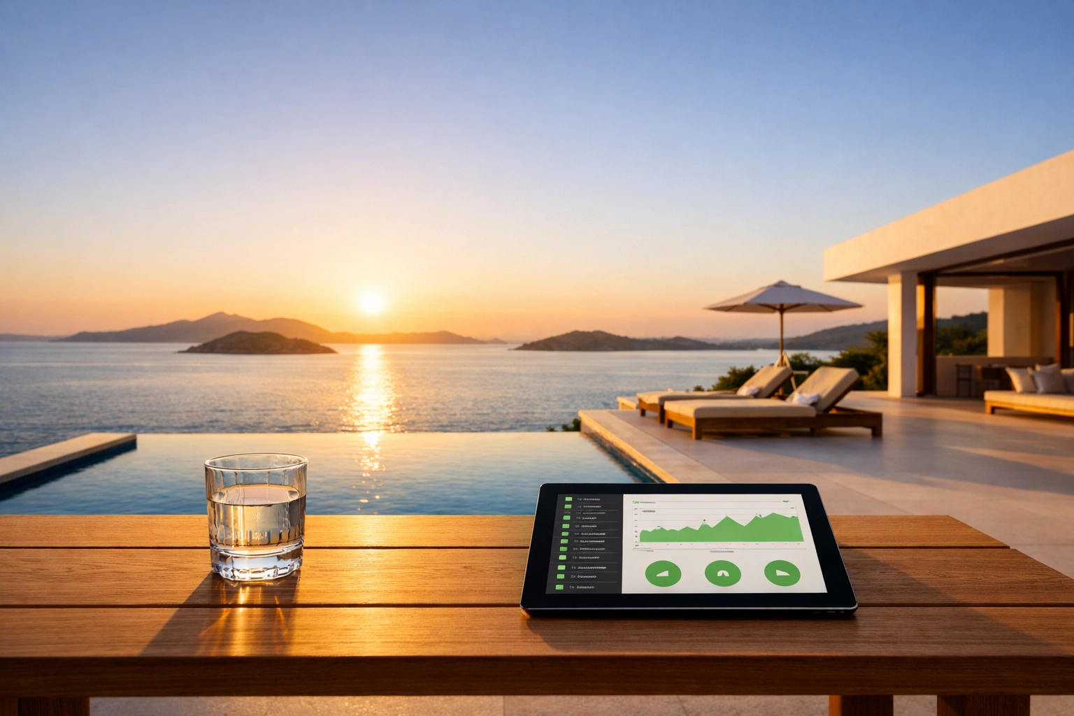 Peaceful luxury terrace with a digital dashboard showing streamlined family office logistics success.