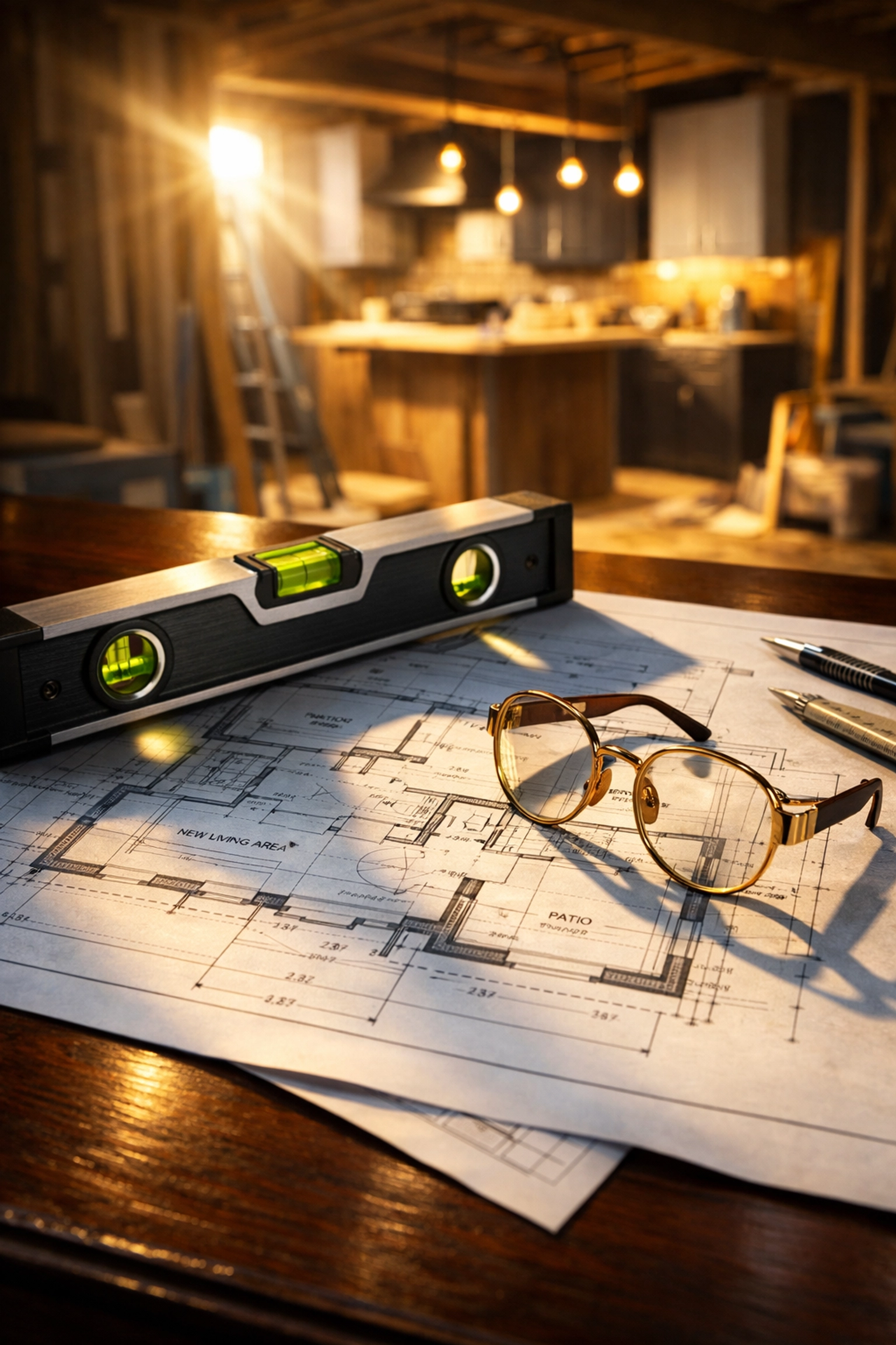 Architectural blueprints for a West Sussex home extension next to a professional spirit level.