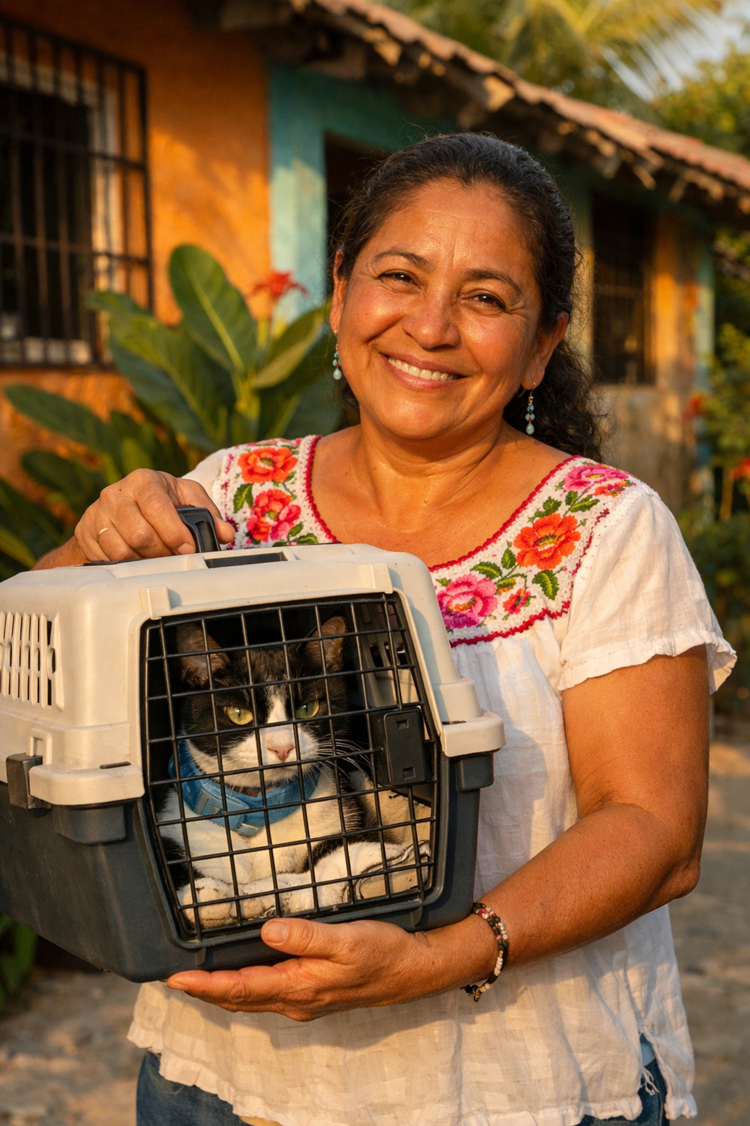 Pet owner in Mexico with her cat after a low cost spay neuter and vaccination clinic.