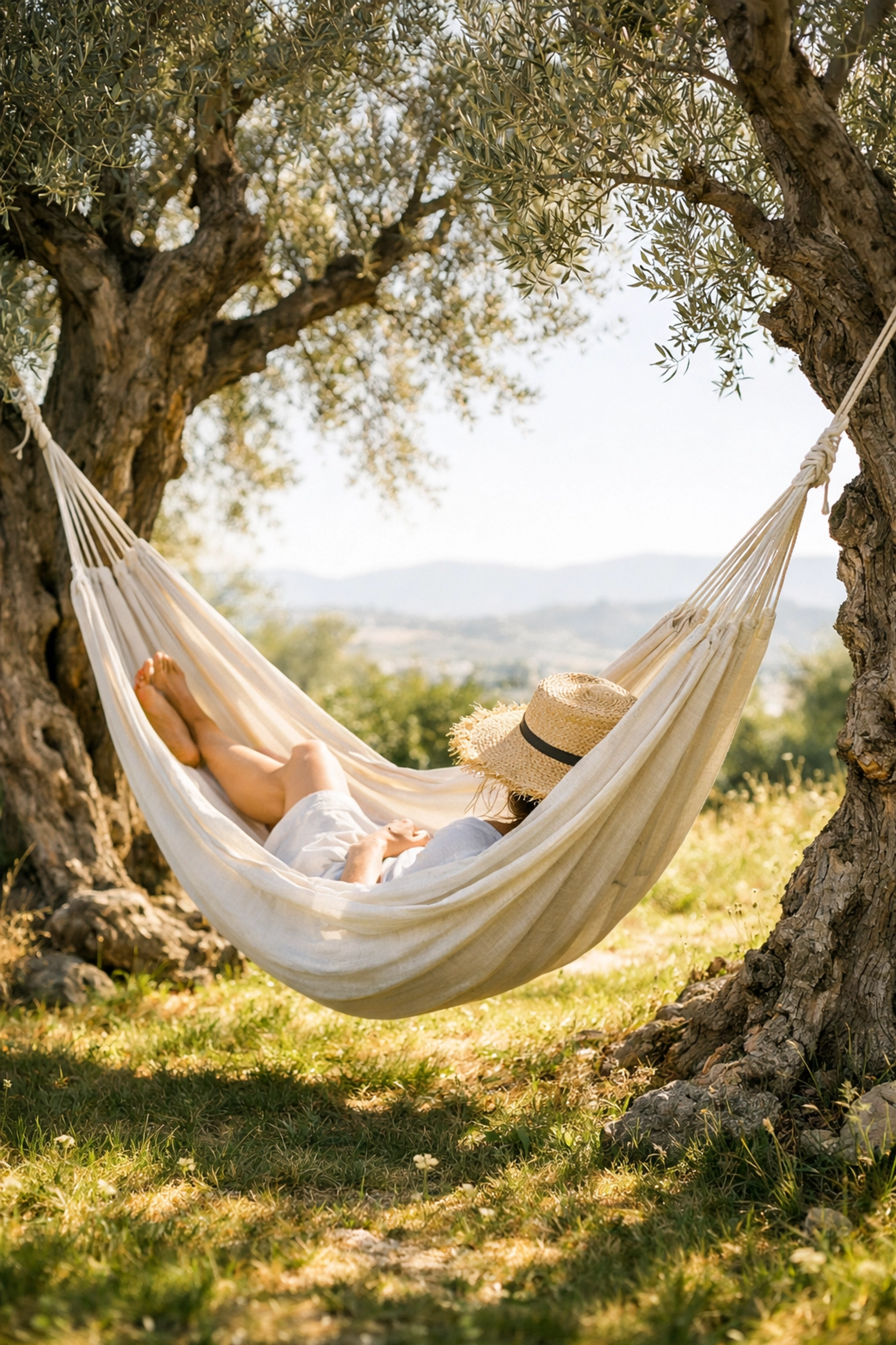 Restorative travel moment with a person relaxing in a hammock under olive trees in a sun-drenched garden.