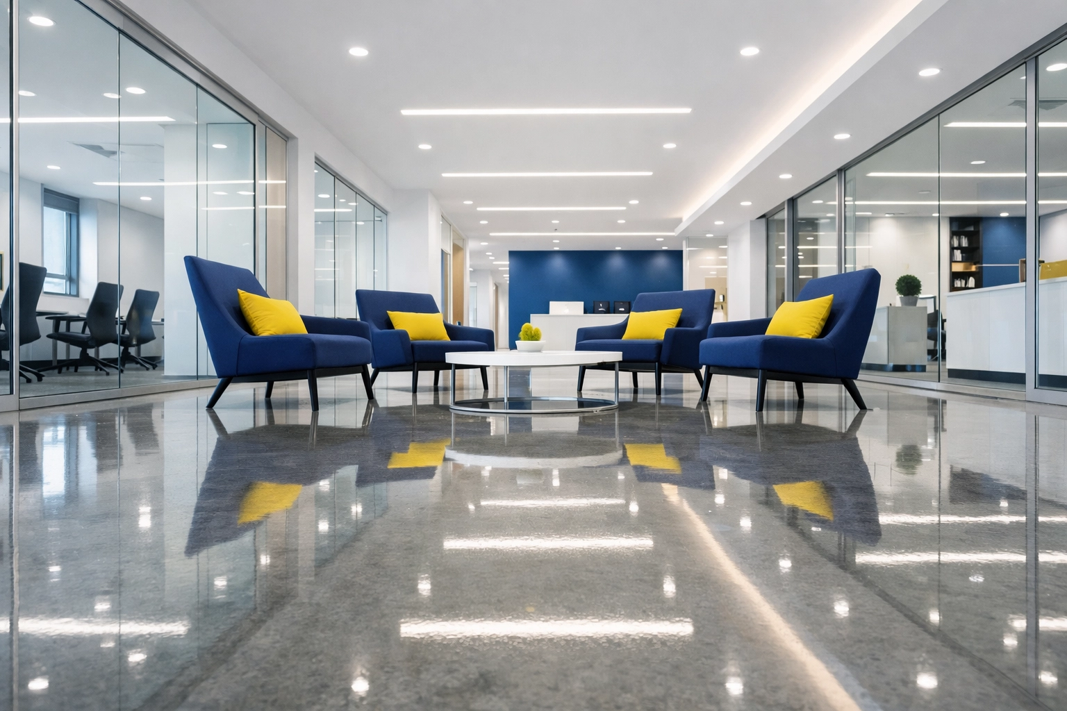 A spotless Cambridge commercial office lobby with polished floors after post-construction cleaning.