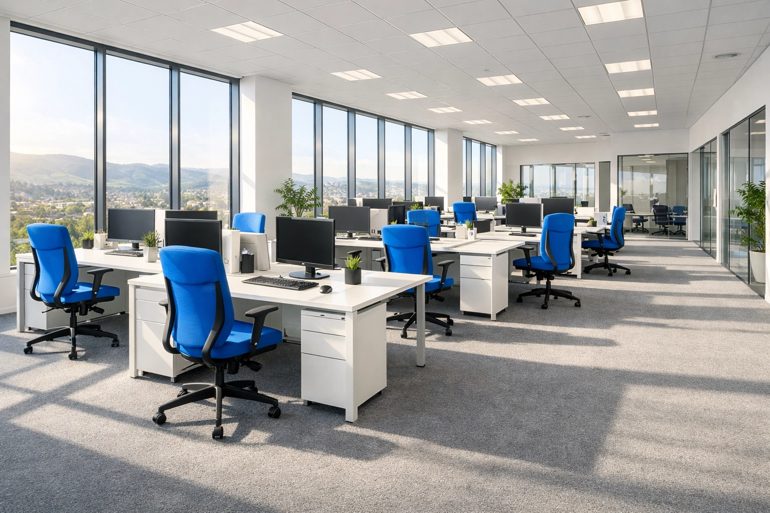 Spotless open-plan office in Central Scotland showcasing professional commercial cleaning standards.