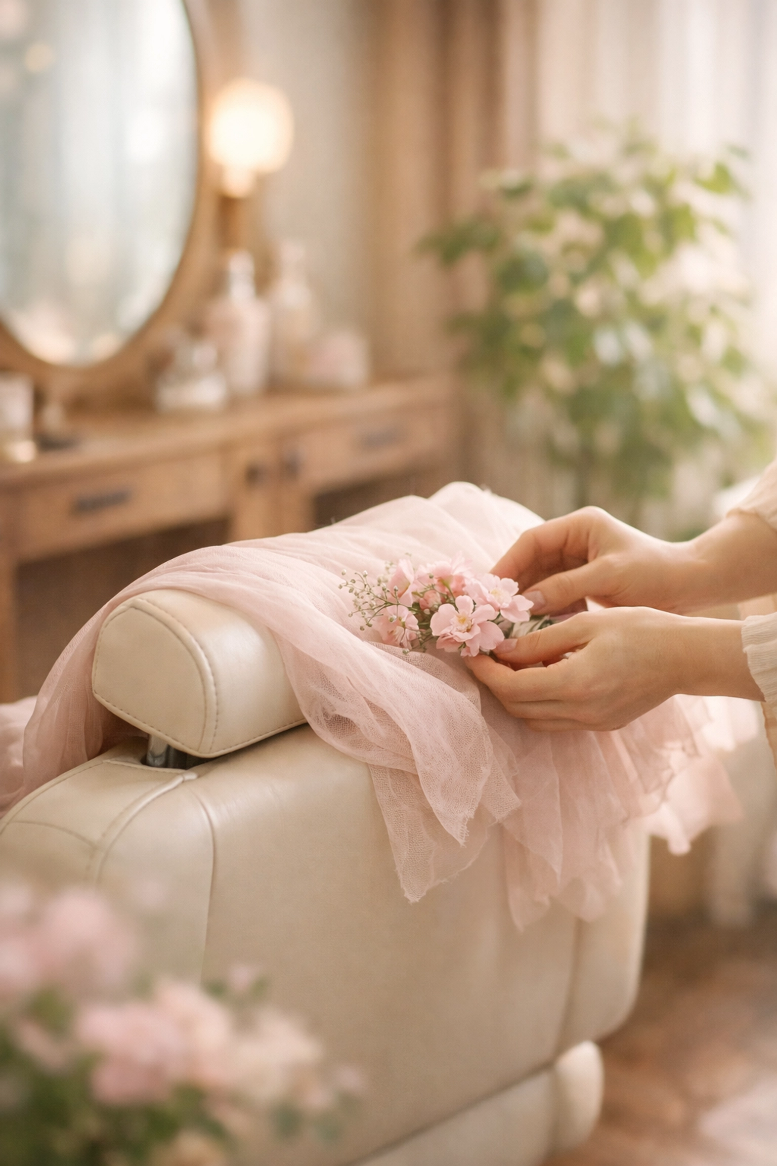 Peaceful salon chair in natural light representing trauma-informed salon therapy and healing