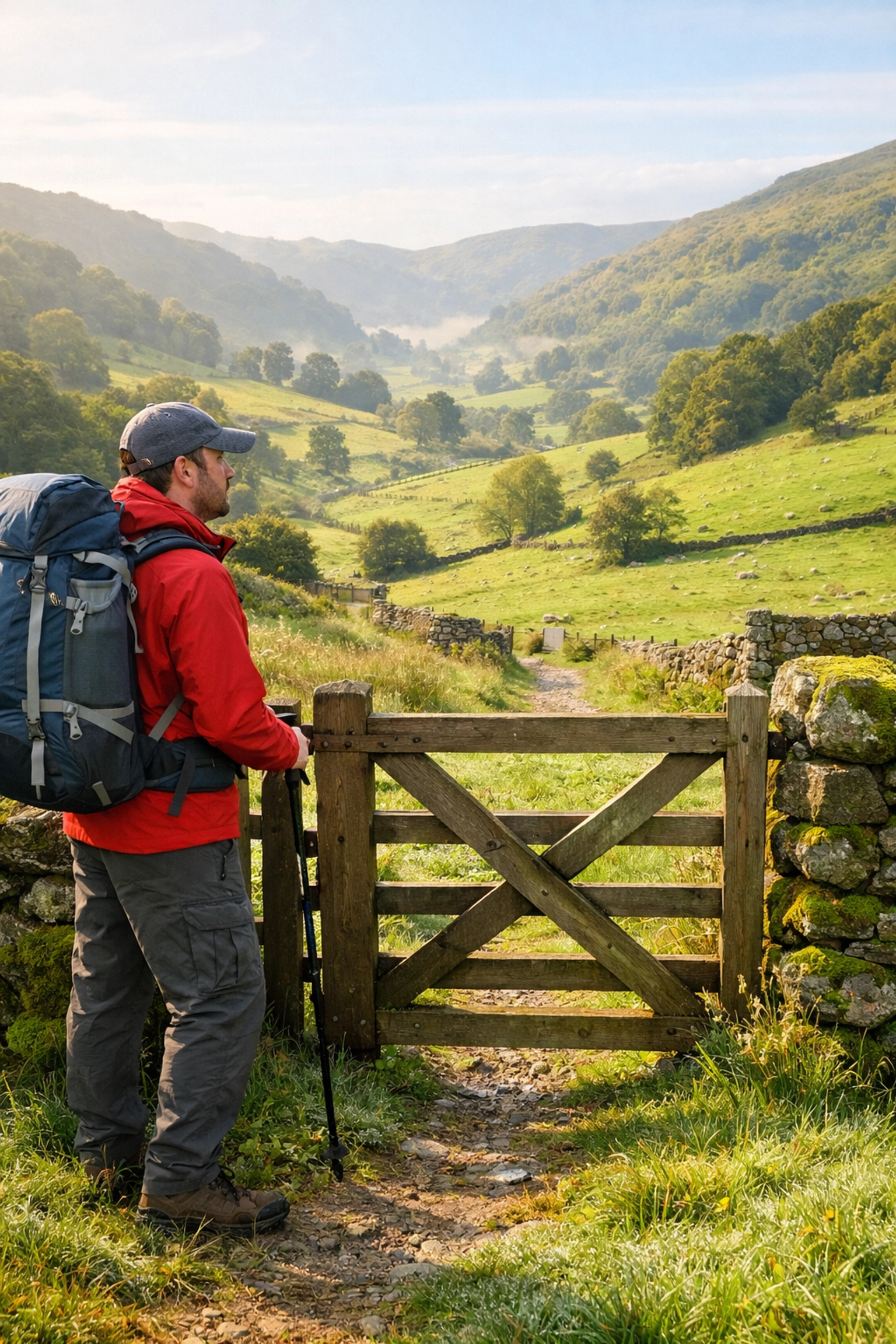 Hiker surveying a green valley in the UK, preparing for a responsible wild camping guided UK trip.