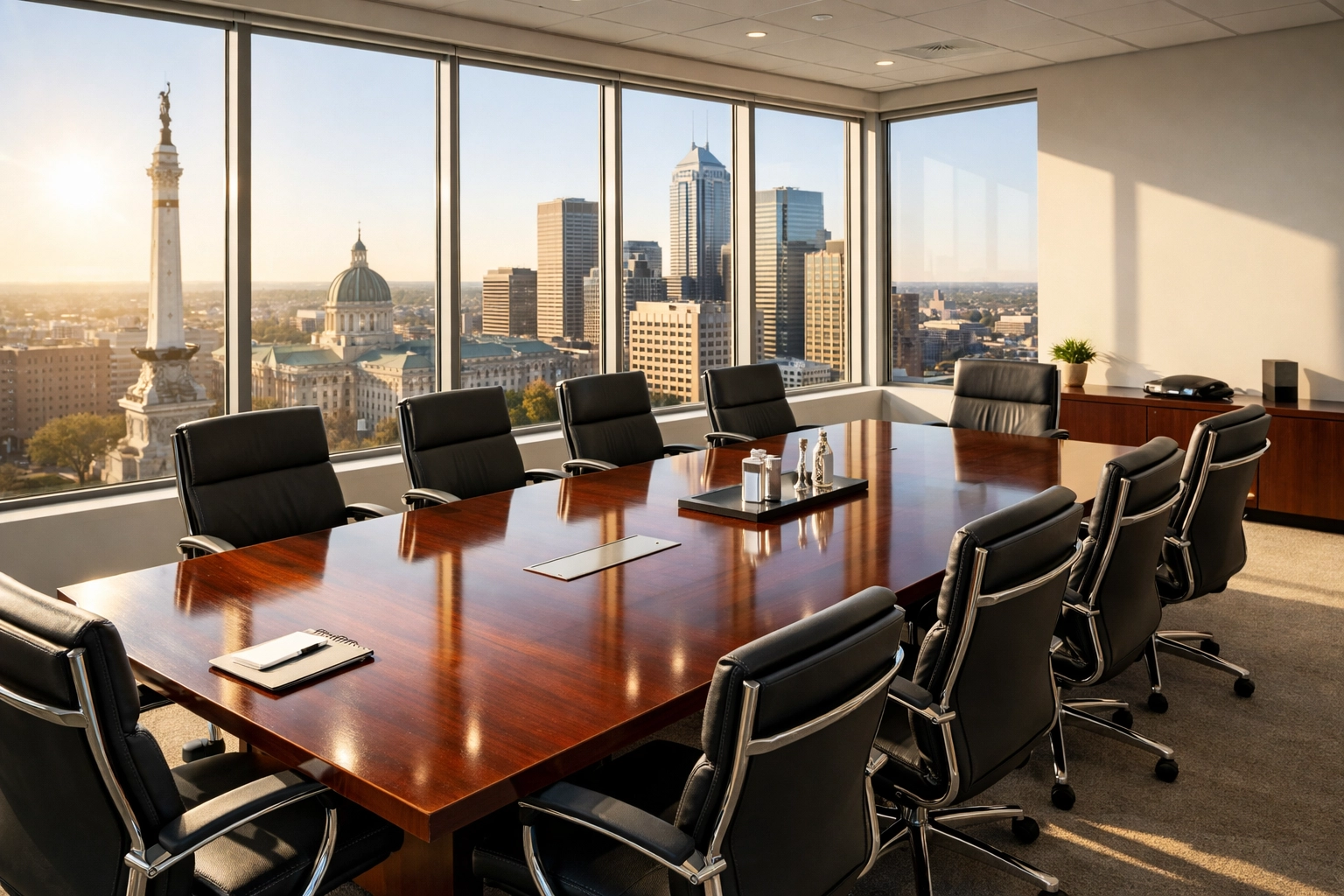 Clean and professional Indianapolis corporate conference room with a polished table and morning city views.