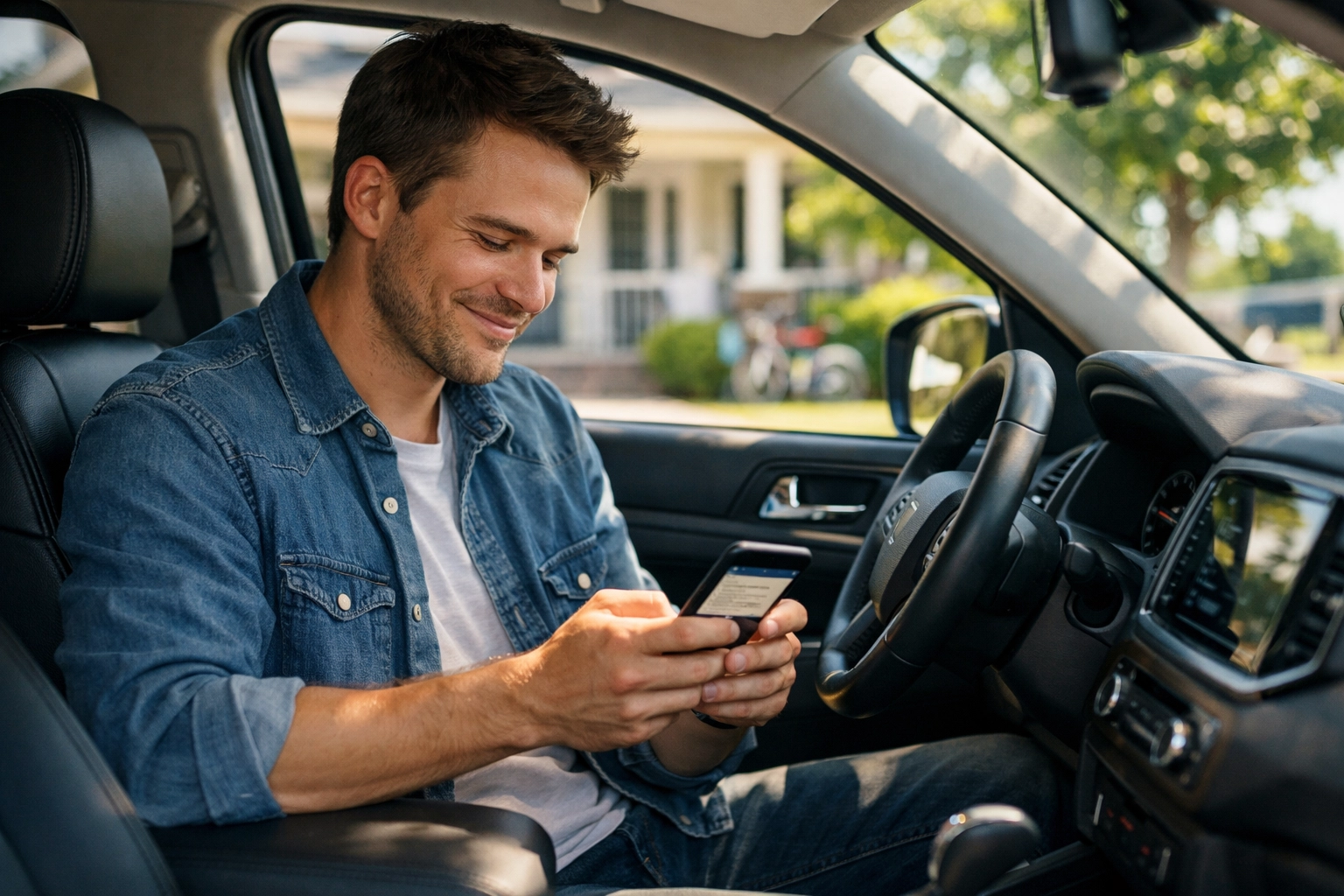 A father reads a Boundless Online Church daily micro-study in his car, supported by First Assembly Memphis (FA Memphis).