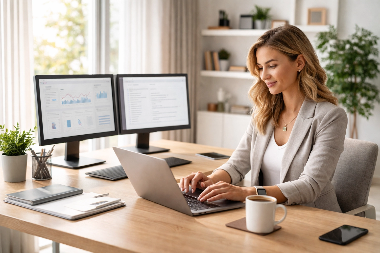 Professional woman working remotely at a home office desk, illustrating safe remote work environments for business insurance needs