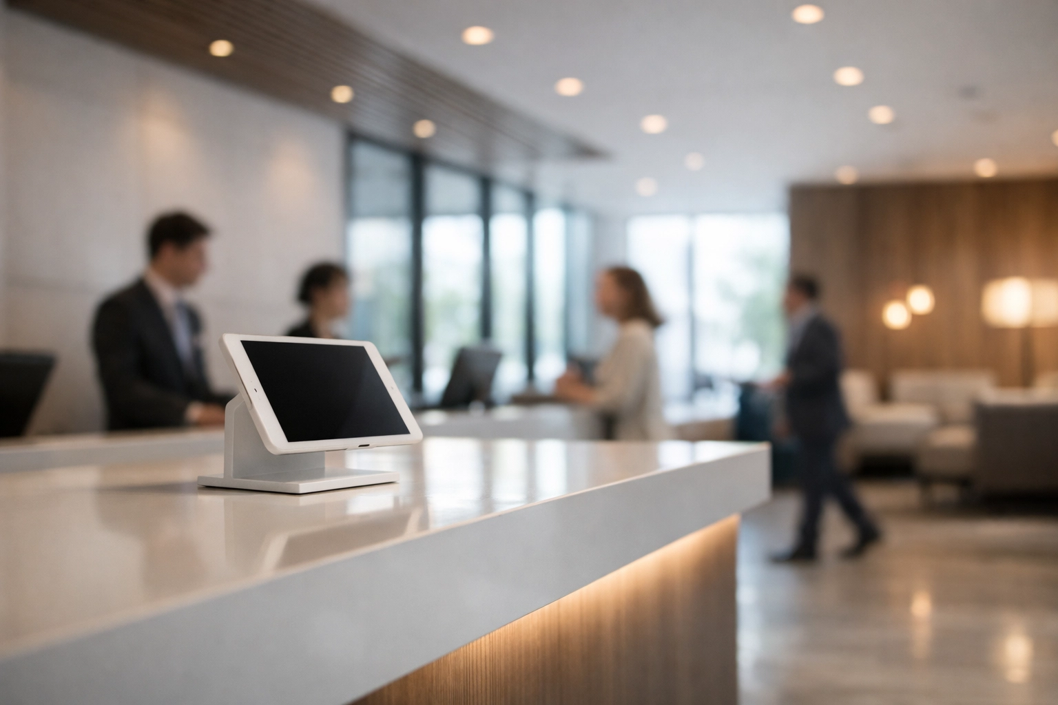 Modern hotel lobby reception desk with tablet for seamless guest management