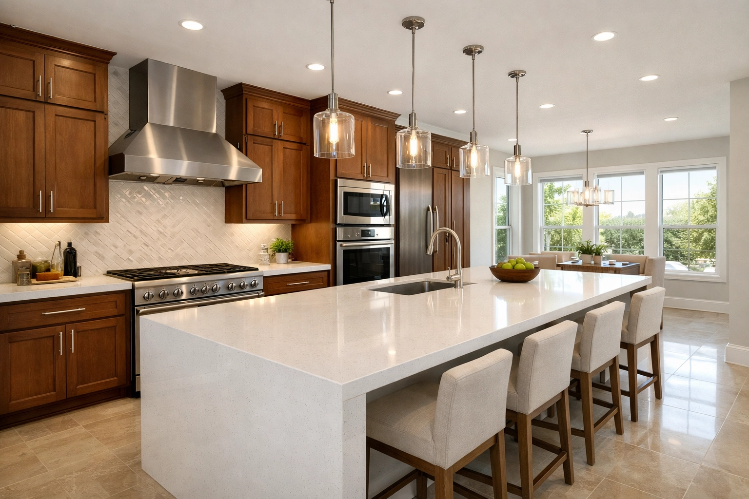 Modern San Antonio new construction kitchen with quartz island, highlighting builder incentives for buyers.