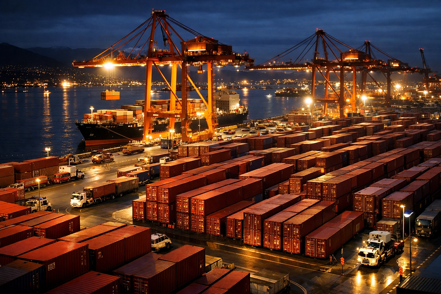 Stacks of shipping containers at the Port of Vancouver representing Canadian trade and economic productivity.