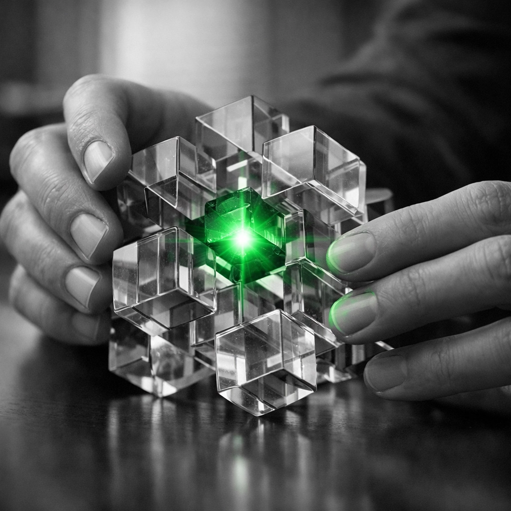 Hands adjusting a glass puzzle illustrating leadership effectiveness through agility and strategic change management.