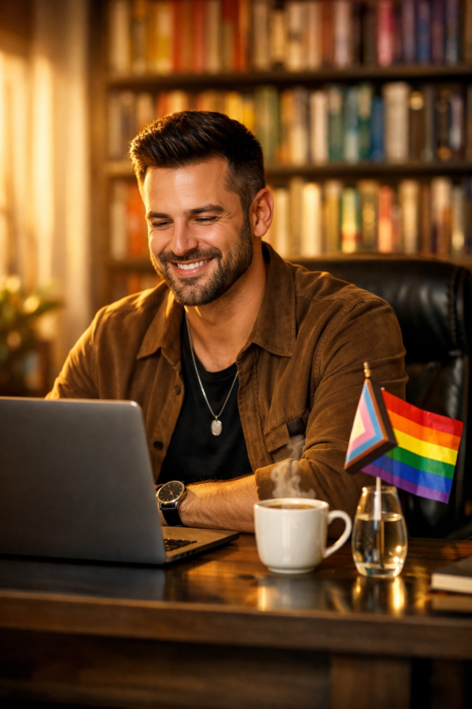 Successful gay author using a laptop to manage his LGBTQ+ e-book sales and storefront.