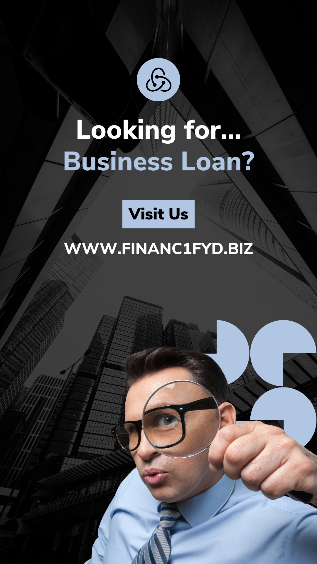 Promotional image of business professional with magnifying glass