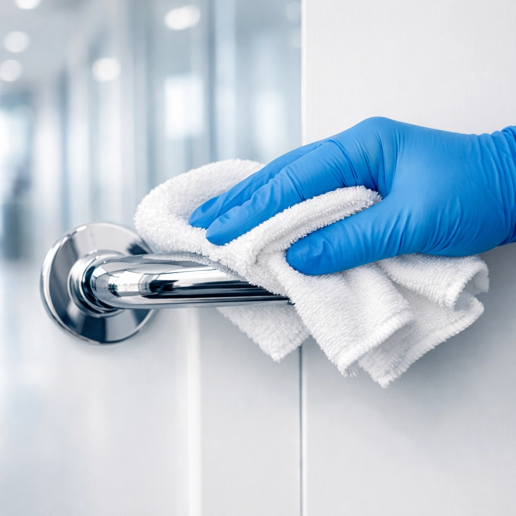 Professional office cleaning Franklin service disinfecting a high-touch chrome door handle.