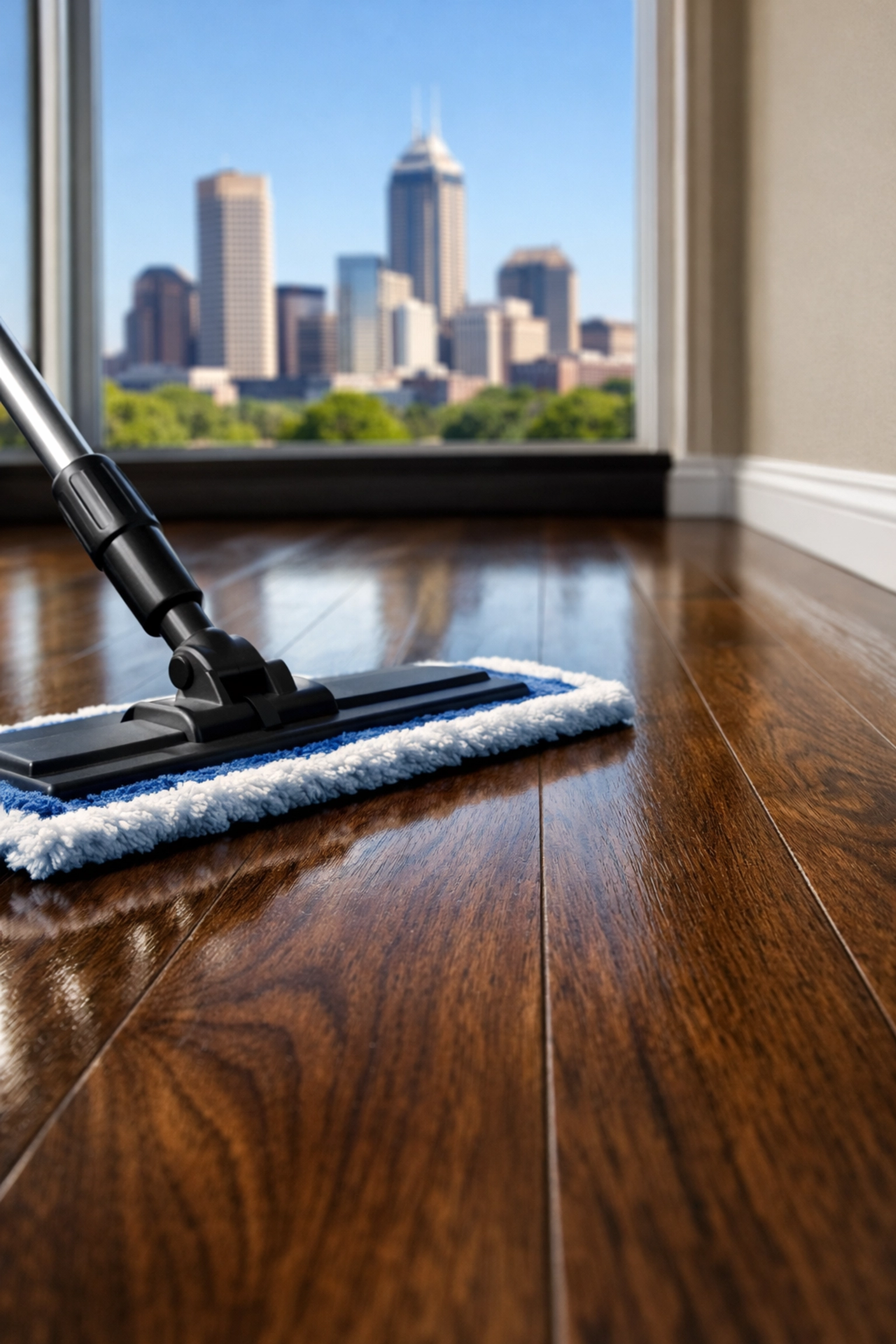 Professional microfiber tool cleaning hardwood floors in an Indianapolis apartment.