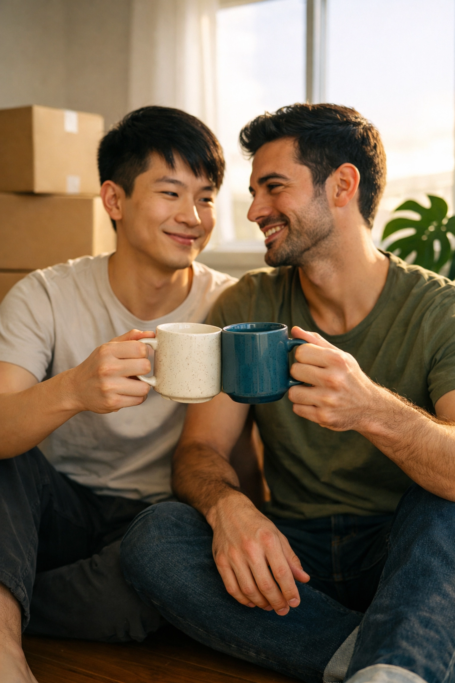 A young gay couple celebrates moving into their new apartment, symbolizing modern queer life milestones.