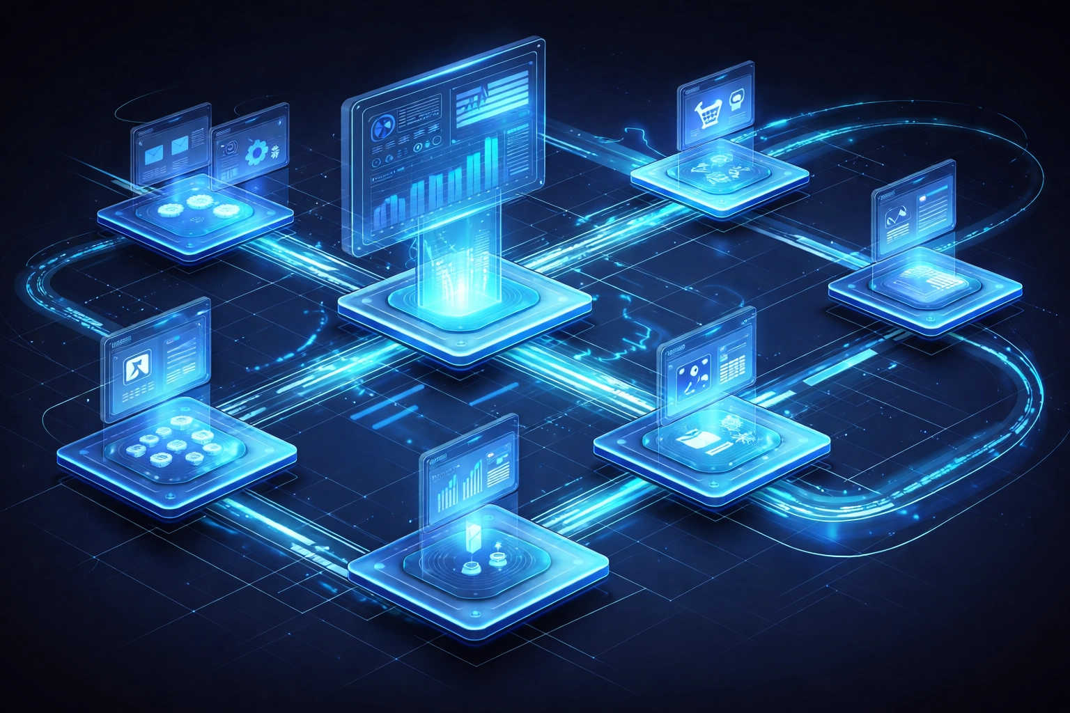 Automated workflow illustration showing connected digital platforms and data flow for business process automation
