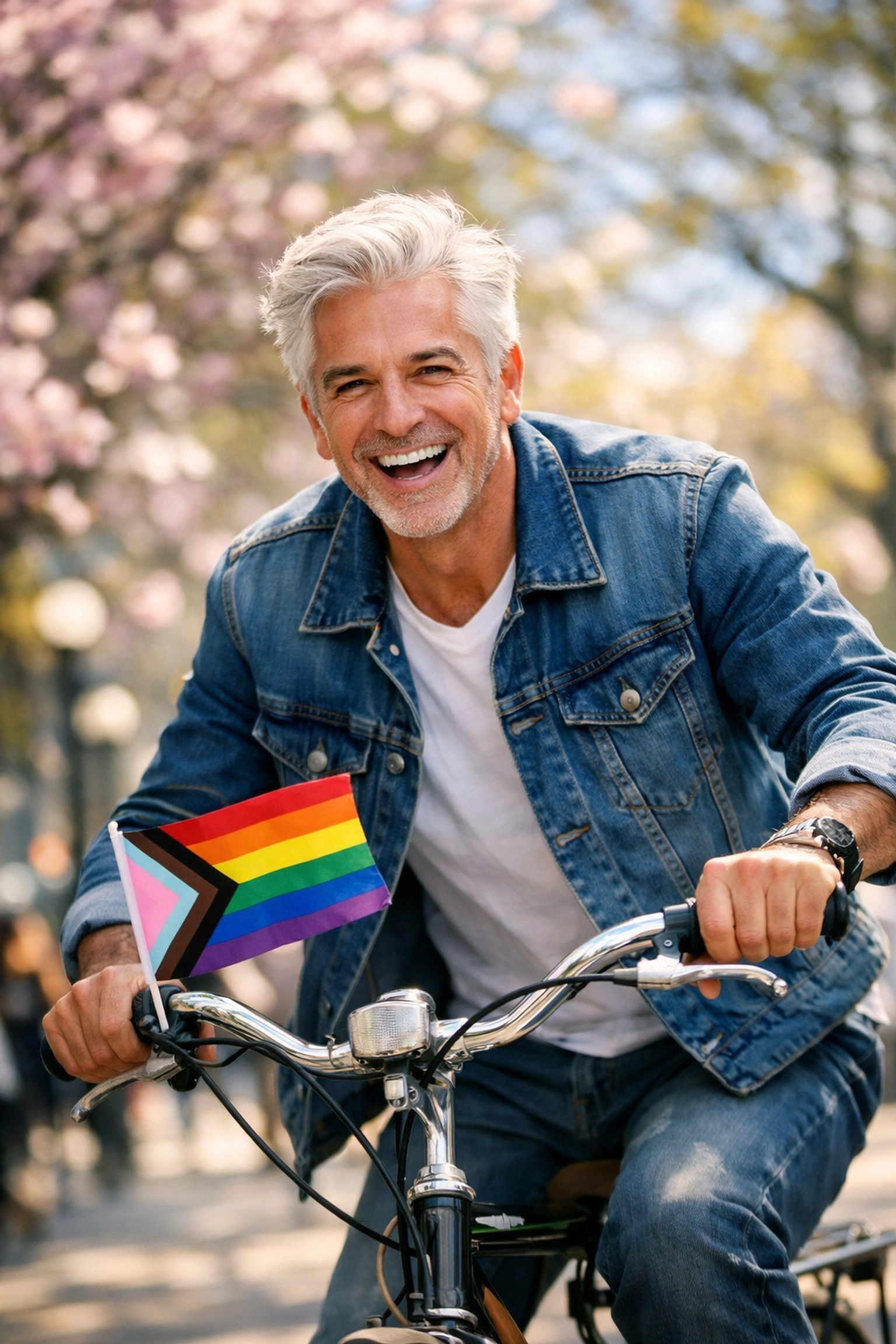An older gay man riding a bicycle with a pride flag, representing joy and aging with pride.
