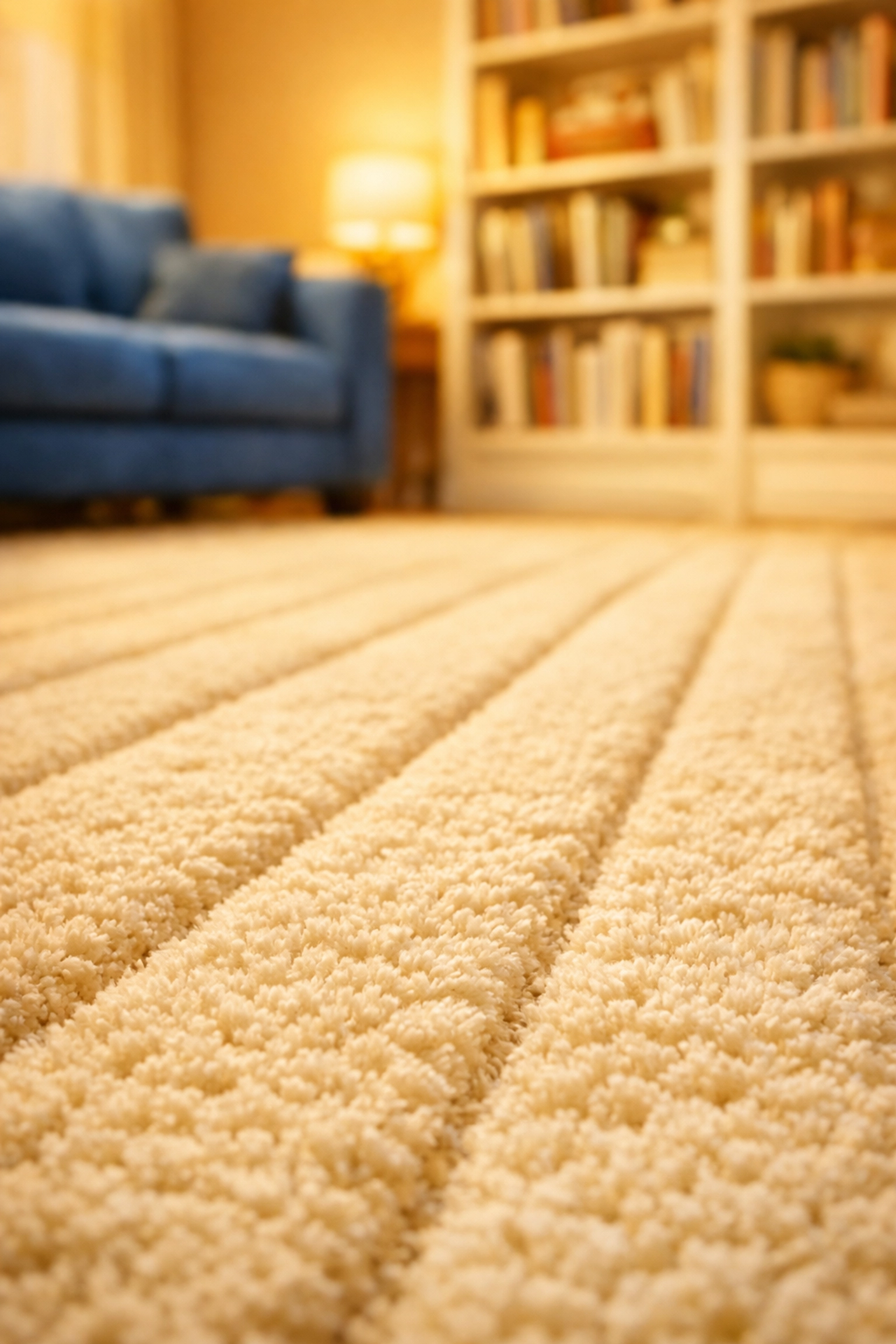 Clean cream rug with vacuum lines after a safe post construction cleaning in a Hopkinton home.