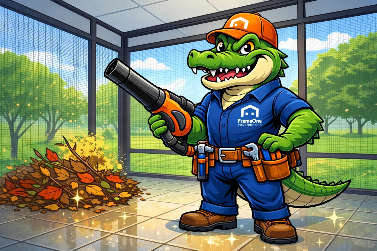 Al E. Gator mascot inside a clean aluminum screen room that keeps out leaves and Florida pollen.