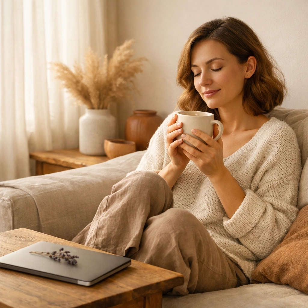A relaxed mom on a sofa with her laptop closed, enjoying the freedom of a low-stress online business for moms.