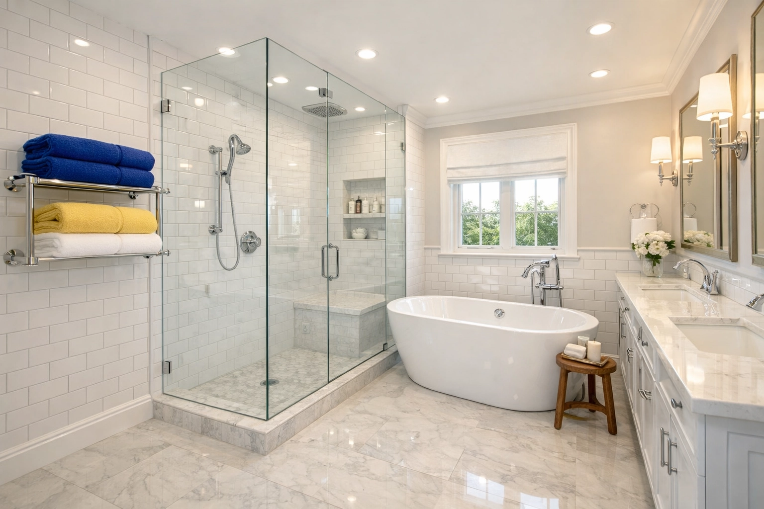 A professionally cleaned modern bathroom in Massachusetts with white tiles and a sparkling tub.