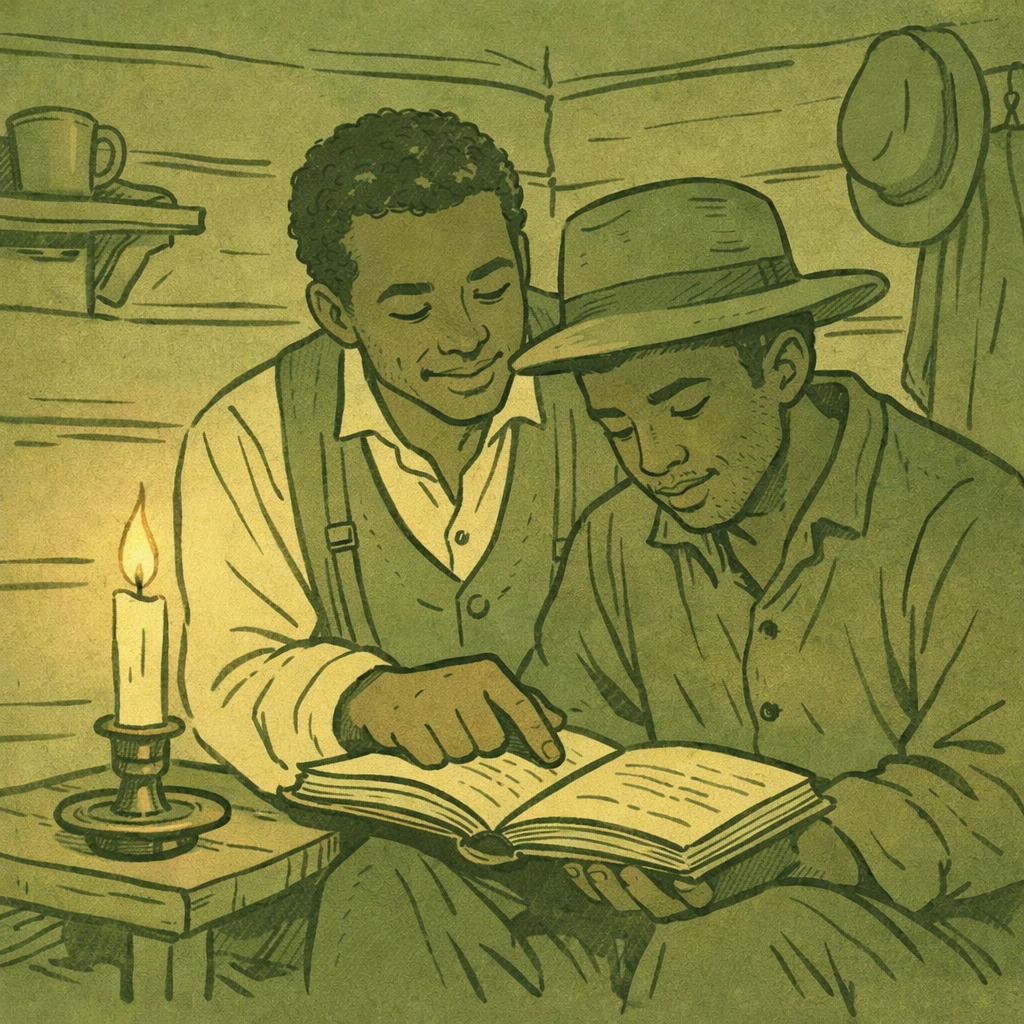 Two men in 1850s cabin sharing intimate moment learning to read - MM historical romance illustration
