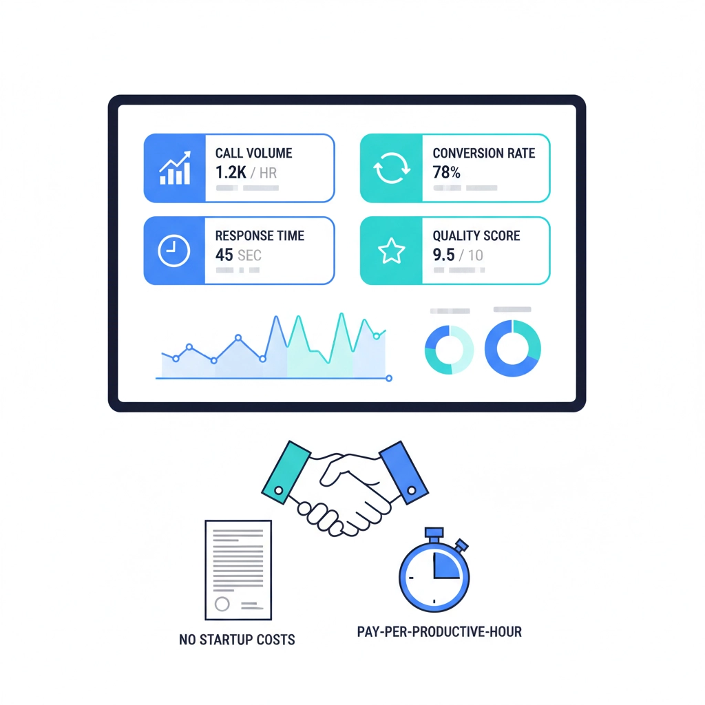 Transparency dashboard, no startup costs handshake, pay-per-productive-hour timer