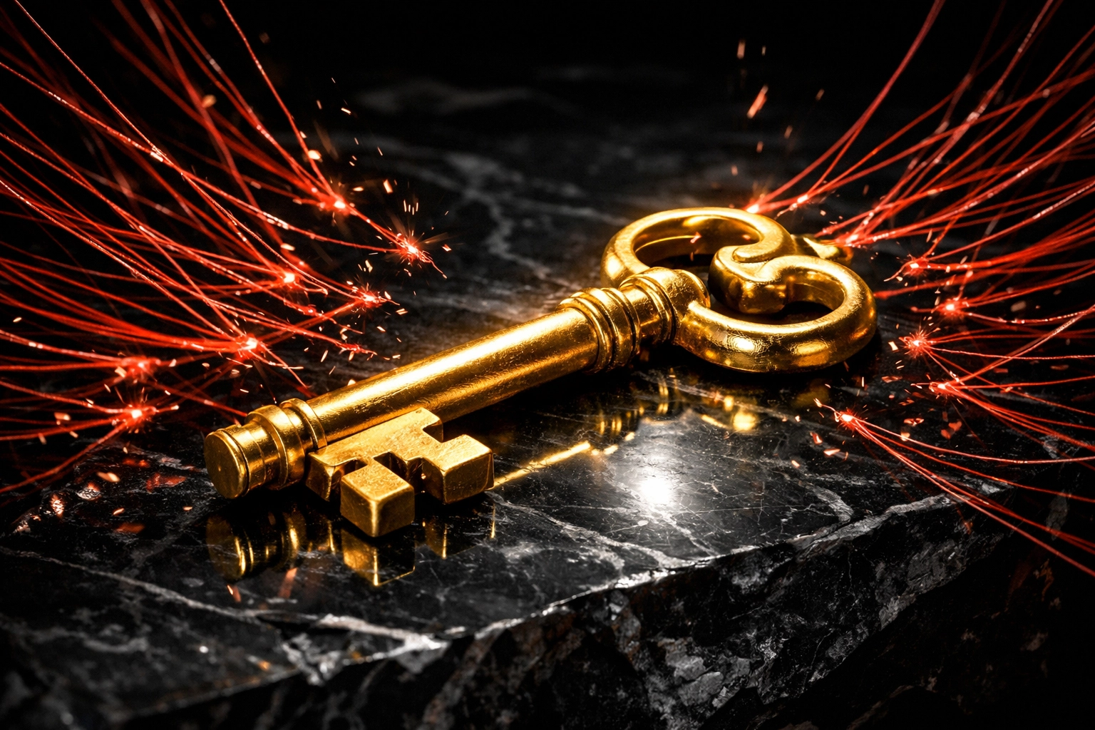 A golden key breaking red subscription threads, representing ownership of one-time purchase dictation software.